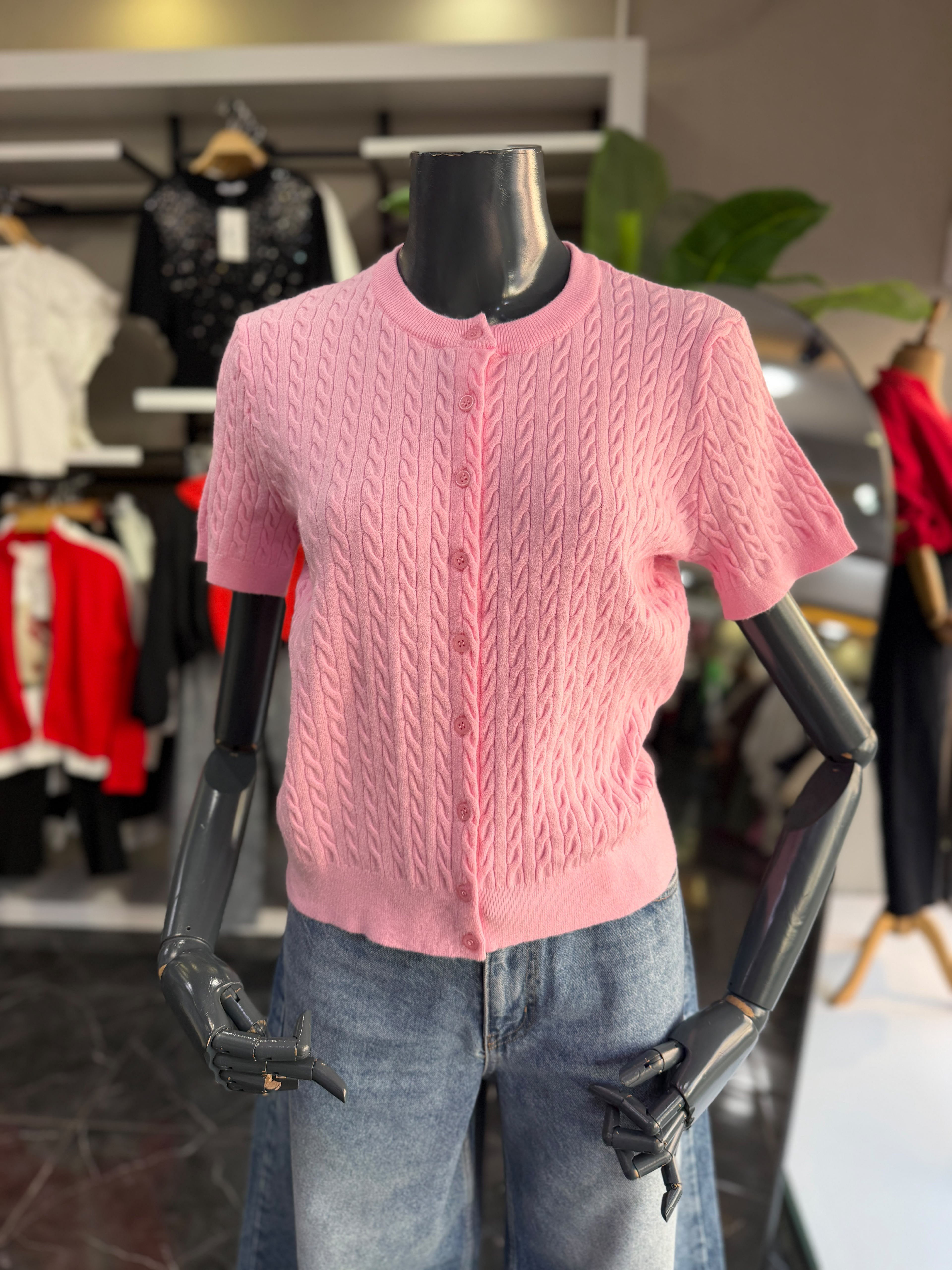 Pembe Saç Örgülü Kısa Kol Hırka