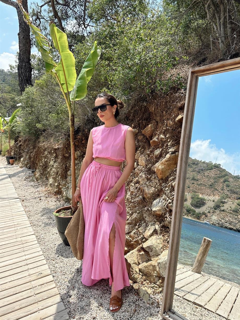 Pembe Uzun Etekli Lastikli Crop Takım