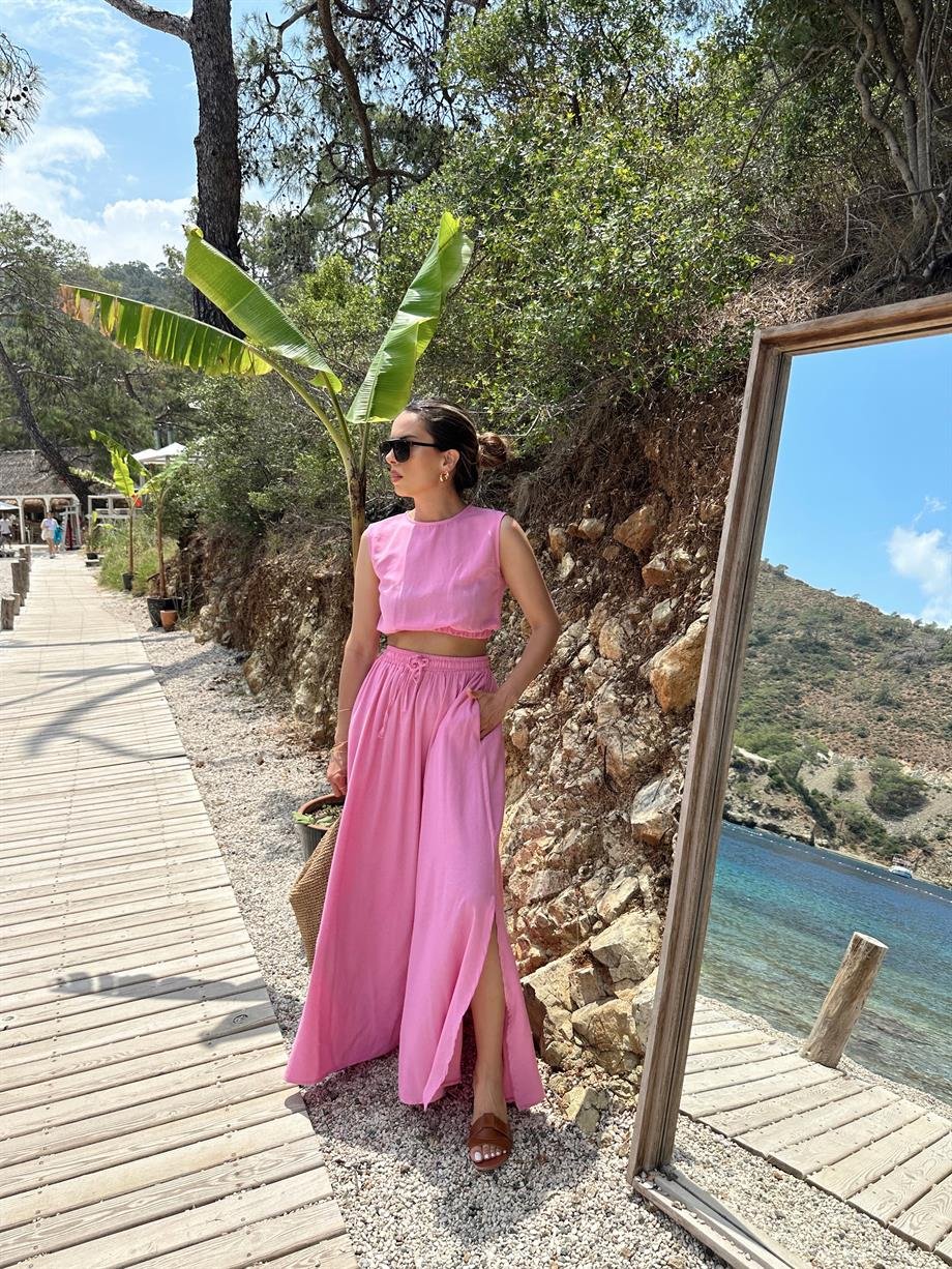 Pembe Uzun Etekli Lastikli Crop Takım