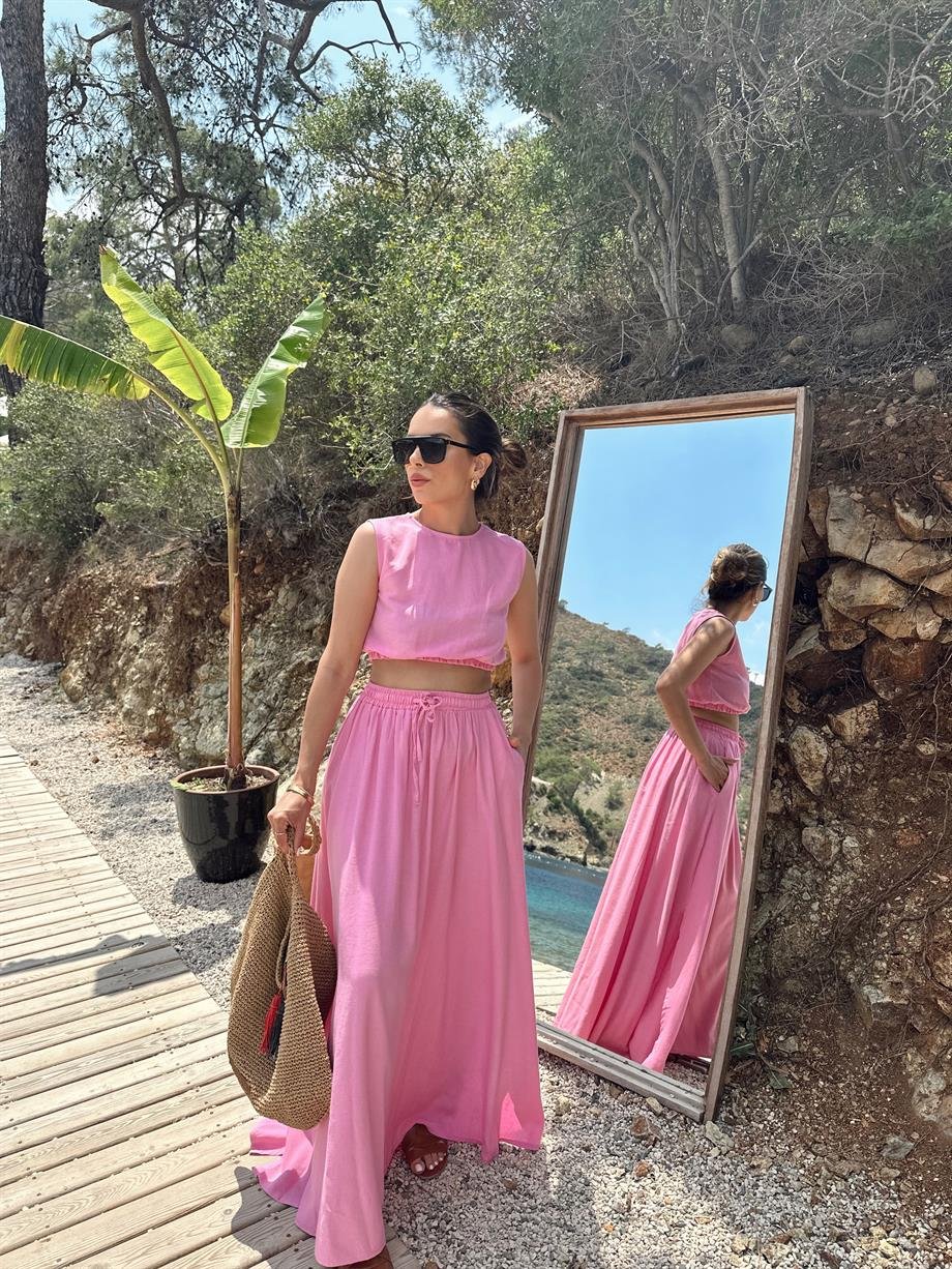 Pembe Uzun Etekli Lastikli Crop Takım