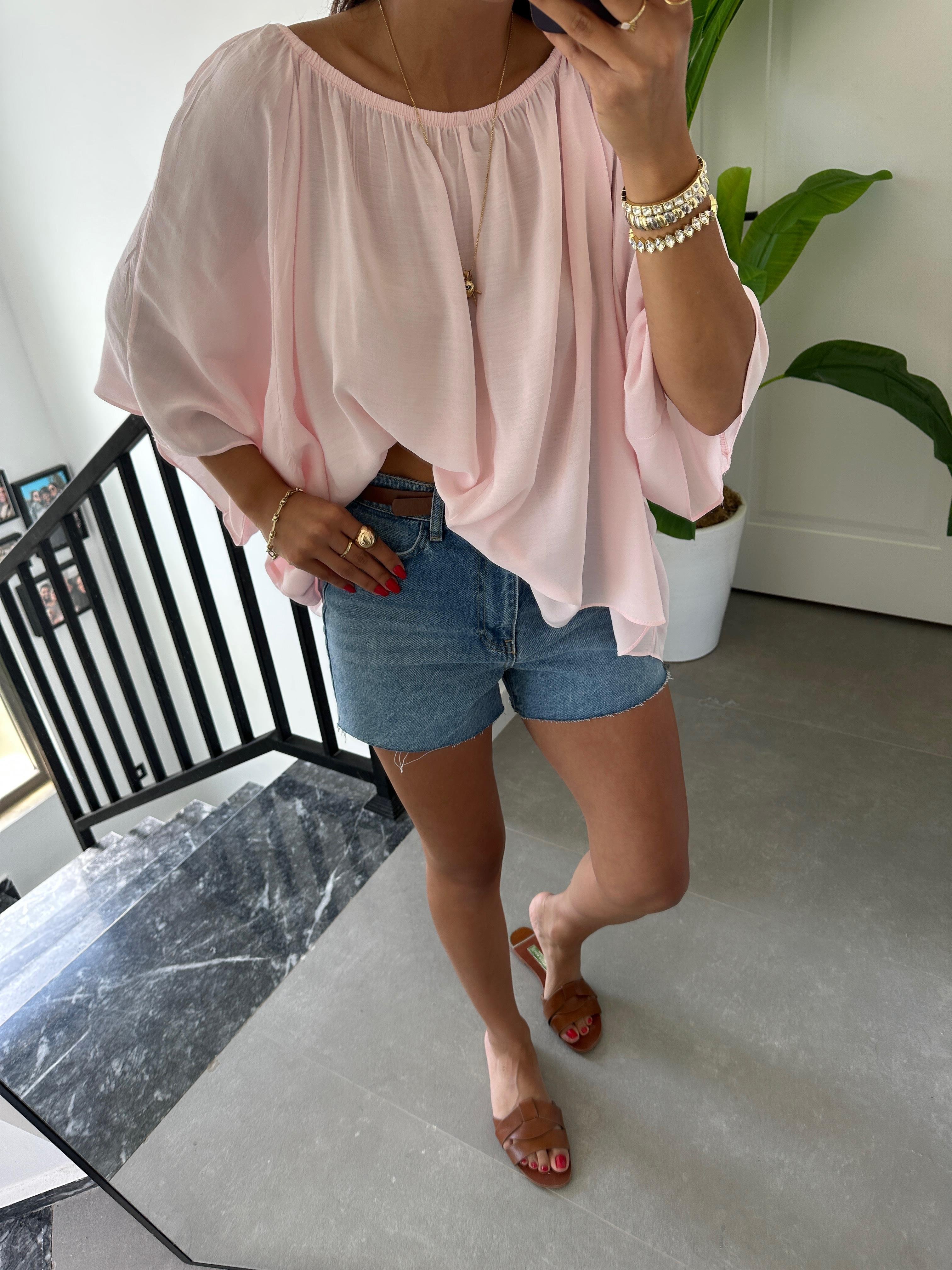 Pembe Yakası Lastikli Bluz
