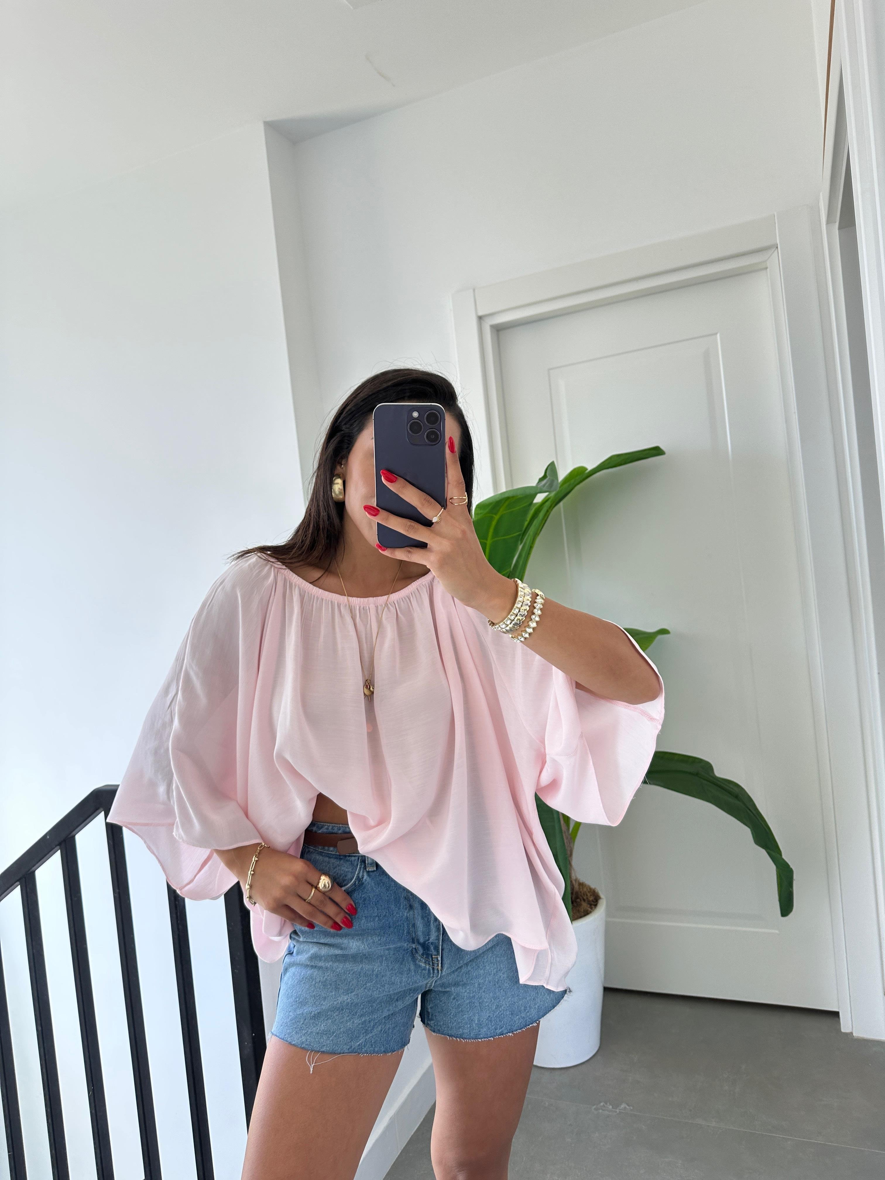 Pembe Yakası Lastikli Bluz