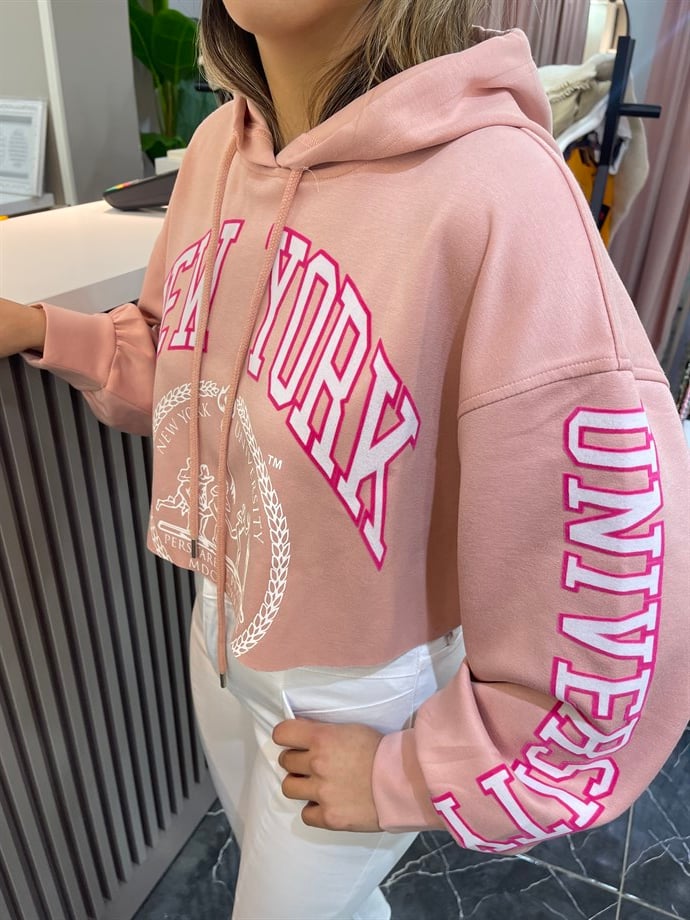 Pembe Yazılı Kapşonlu Sweat