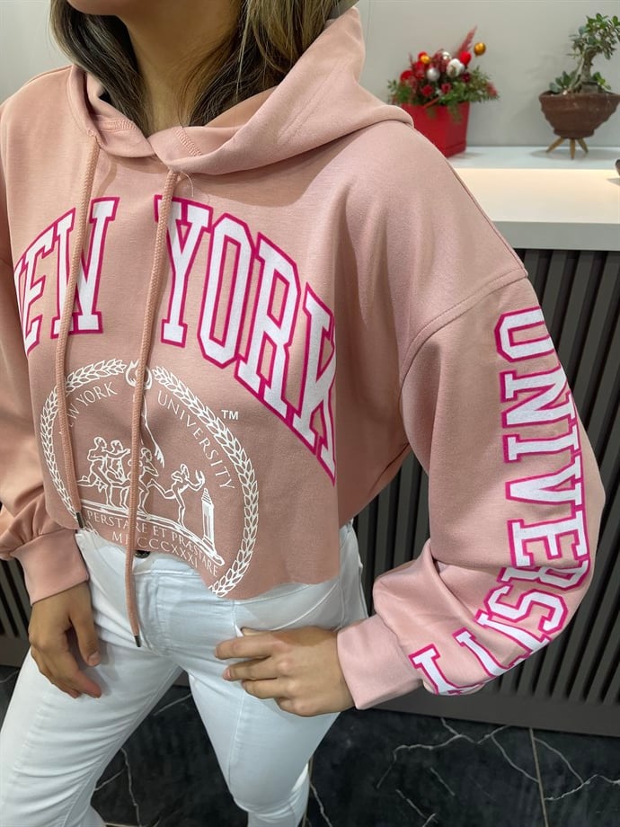 Pembe Yazılı Kapşonlu Sweat