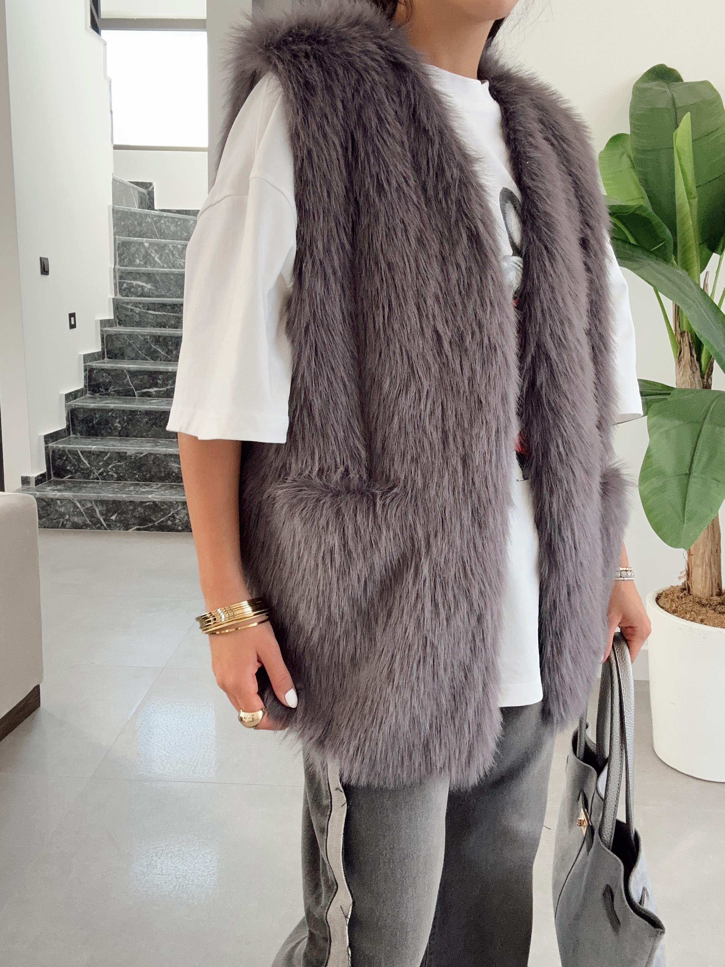 Plush Antrasit Kürk Yelek