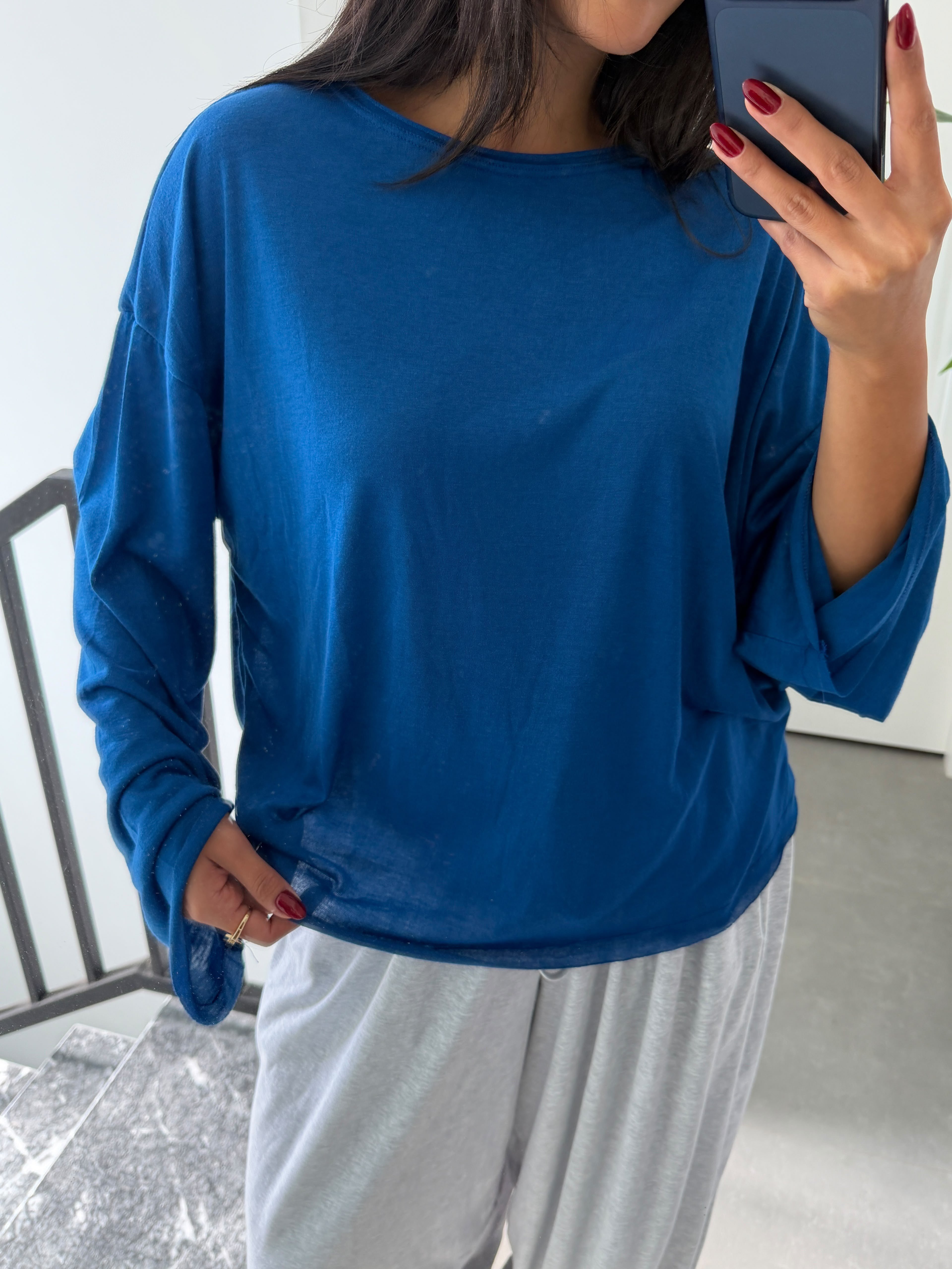 Saks Transparan Uzun Kollu Basic Tshirt
