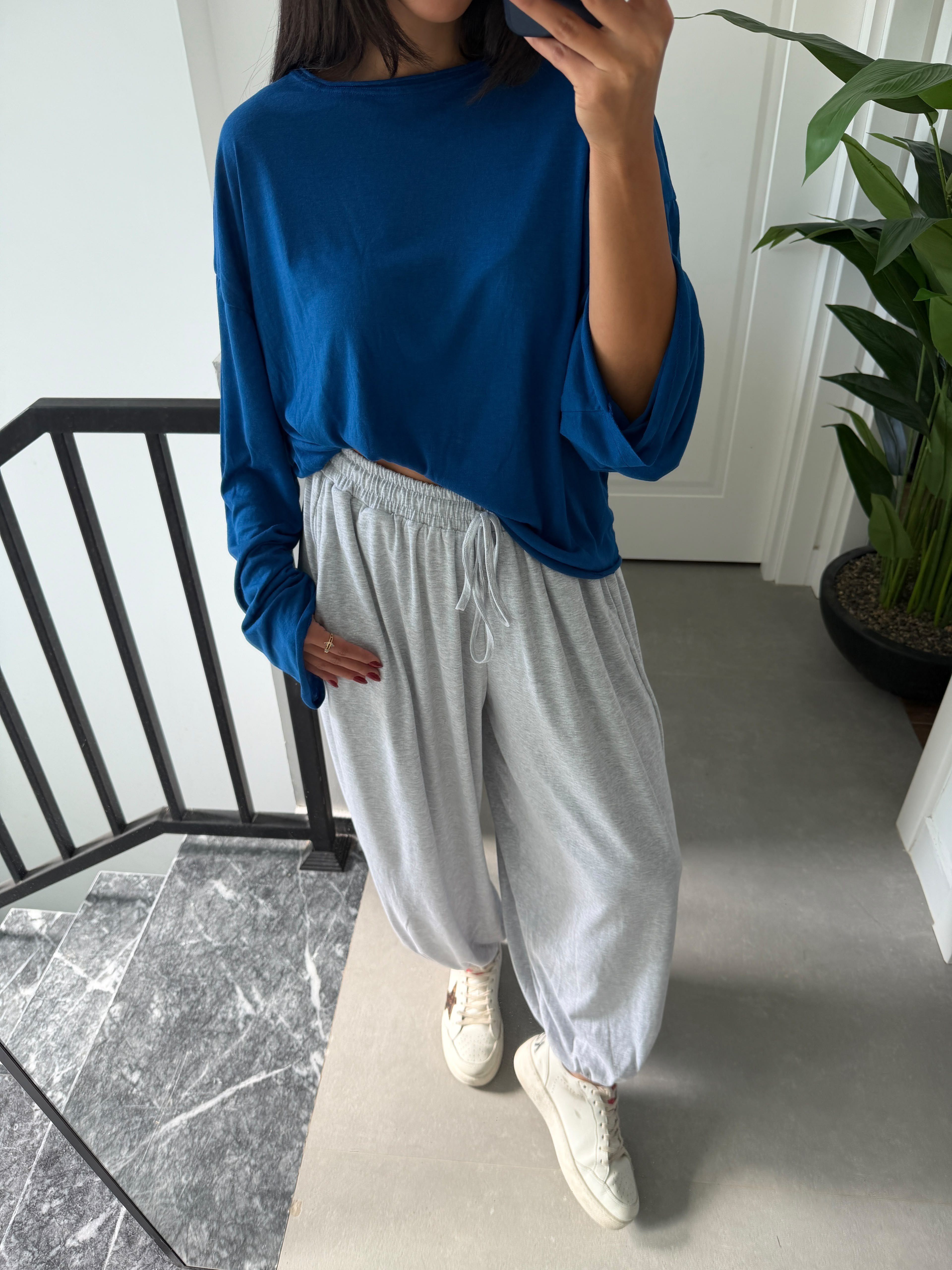 Saks Transparan Uzun Kollu Basic Tshirt