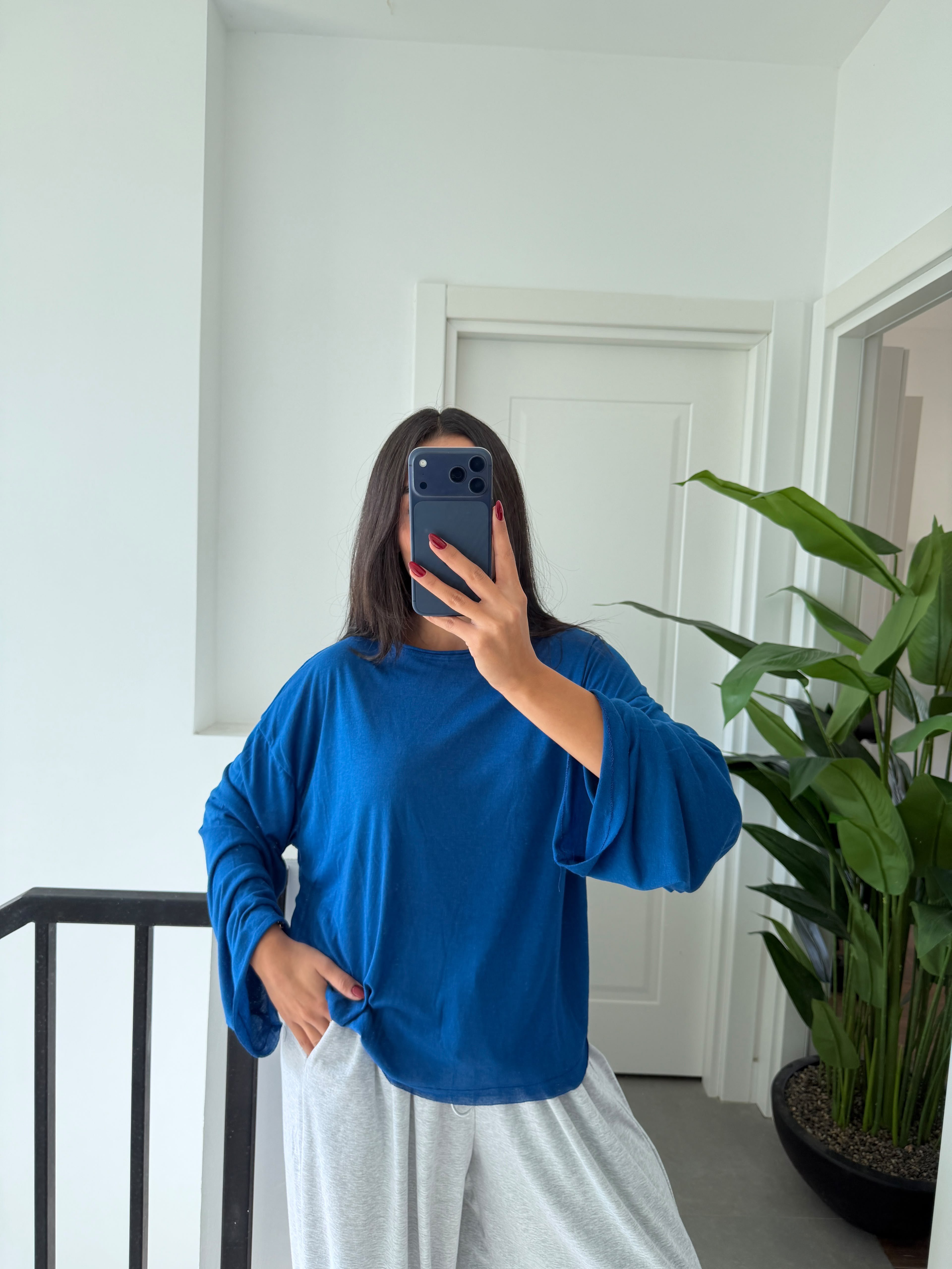 Saks Transparan Uzun Kollu Basic Tshirt