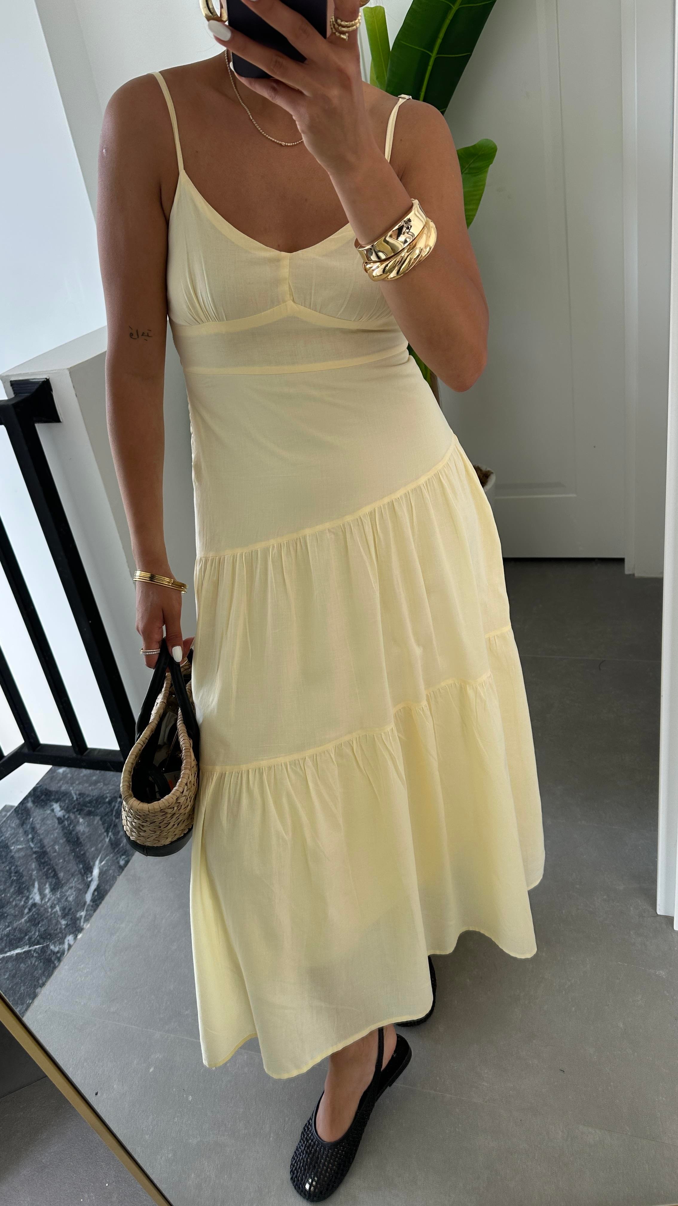 Sarı Asimetrik Gipeli Elbise