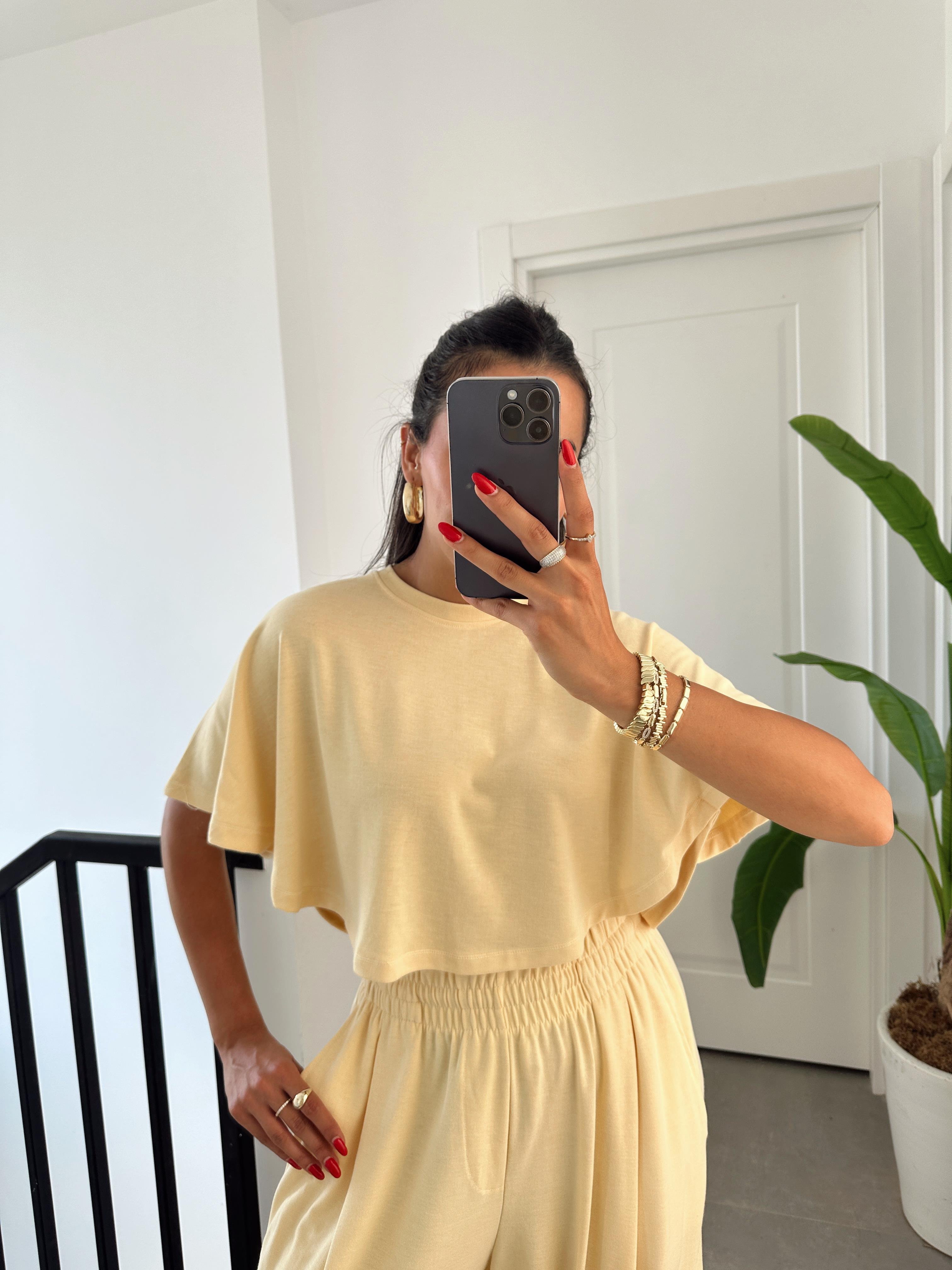 Sarı Crop Panço Bluz