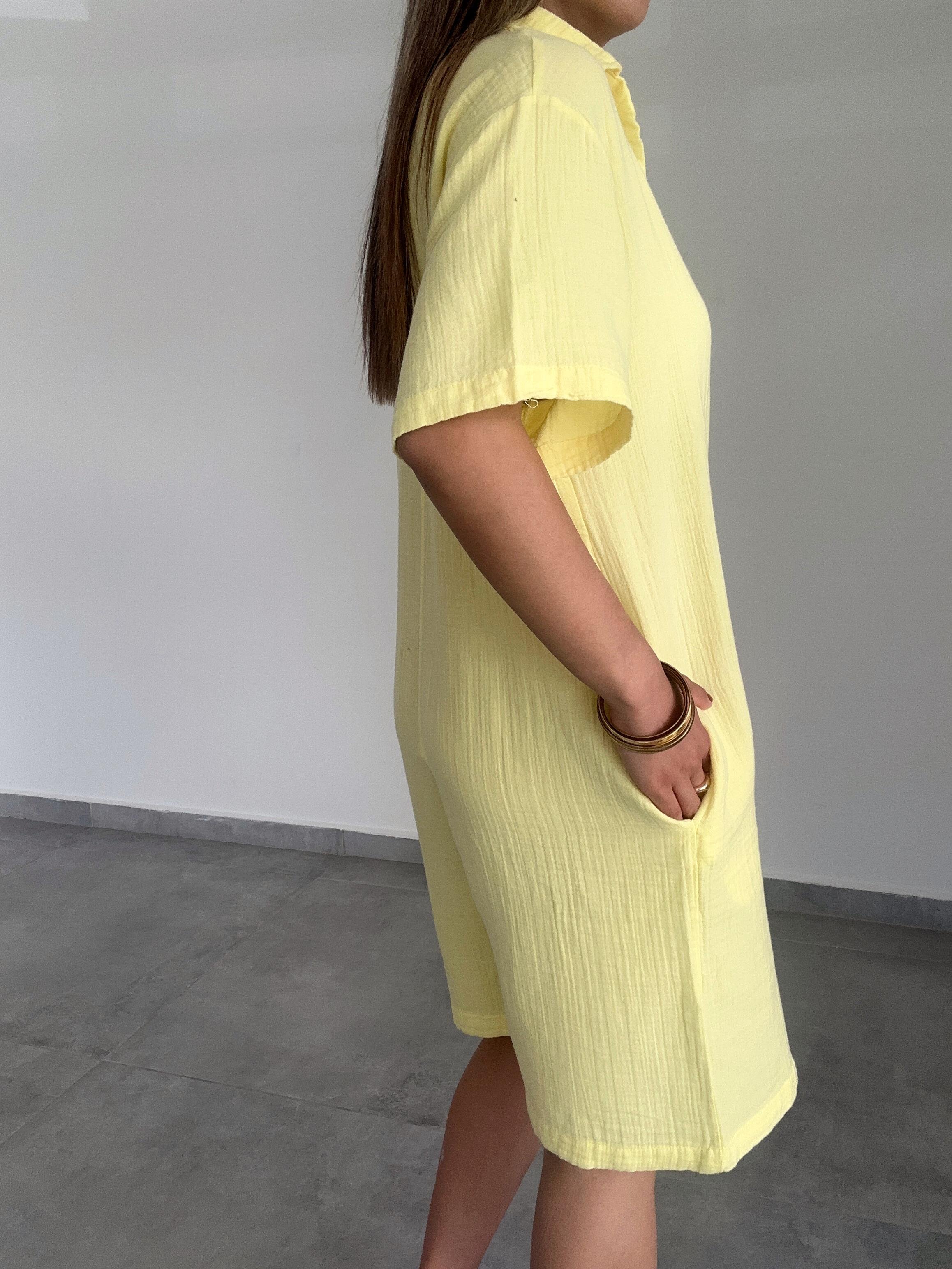 Sarı Müslin Yakalı Tulum