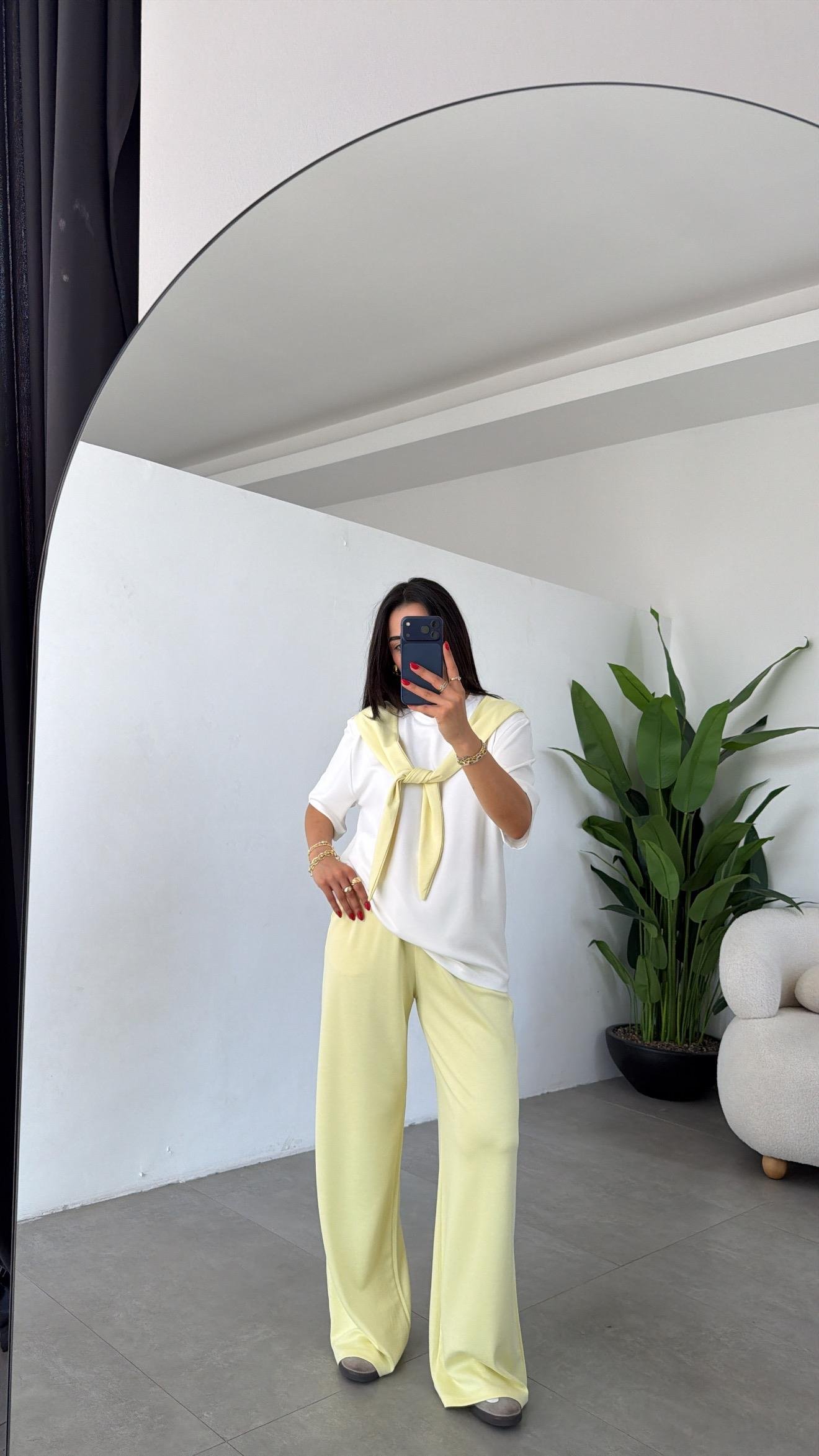 Sarı Oys Modal Atkılı Tshirt Pantolon Takım