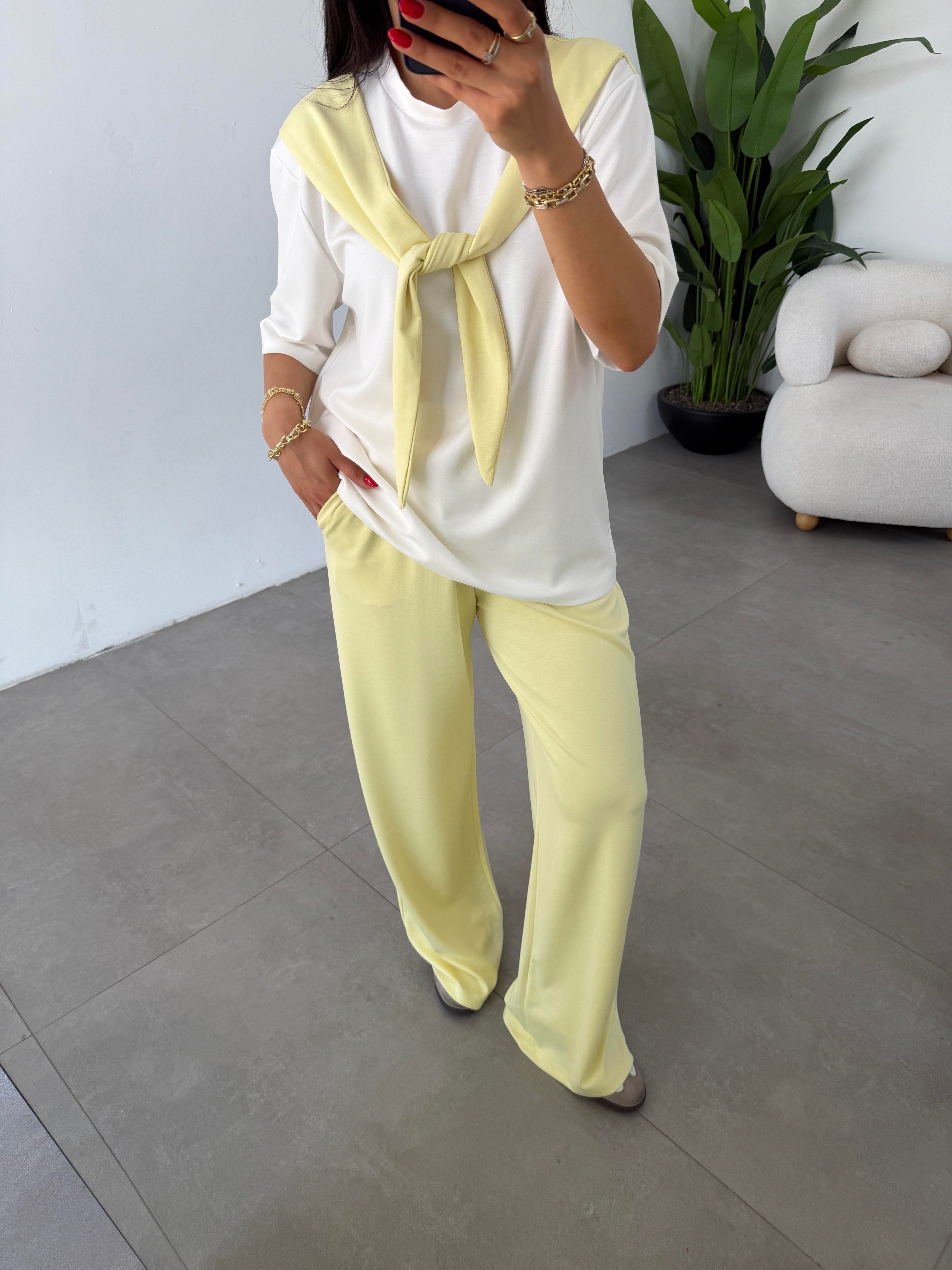 Sarı Oys Modal Atkılı Tshirt Pantolon Takım