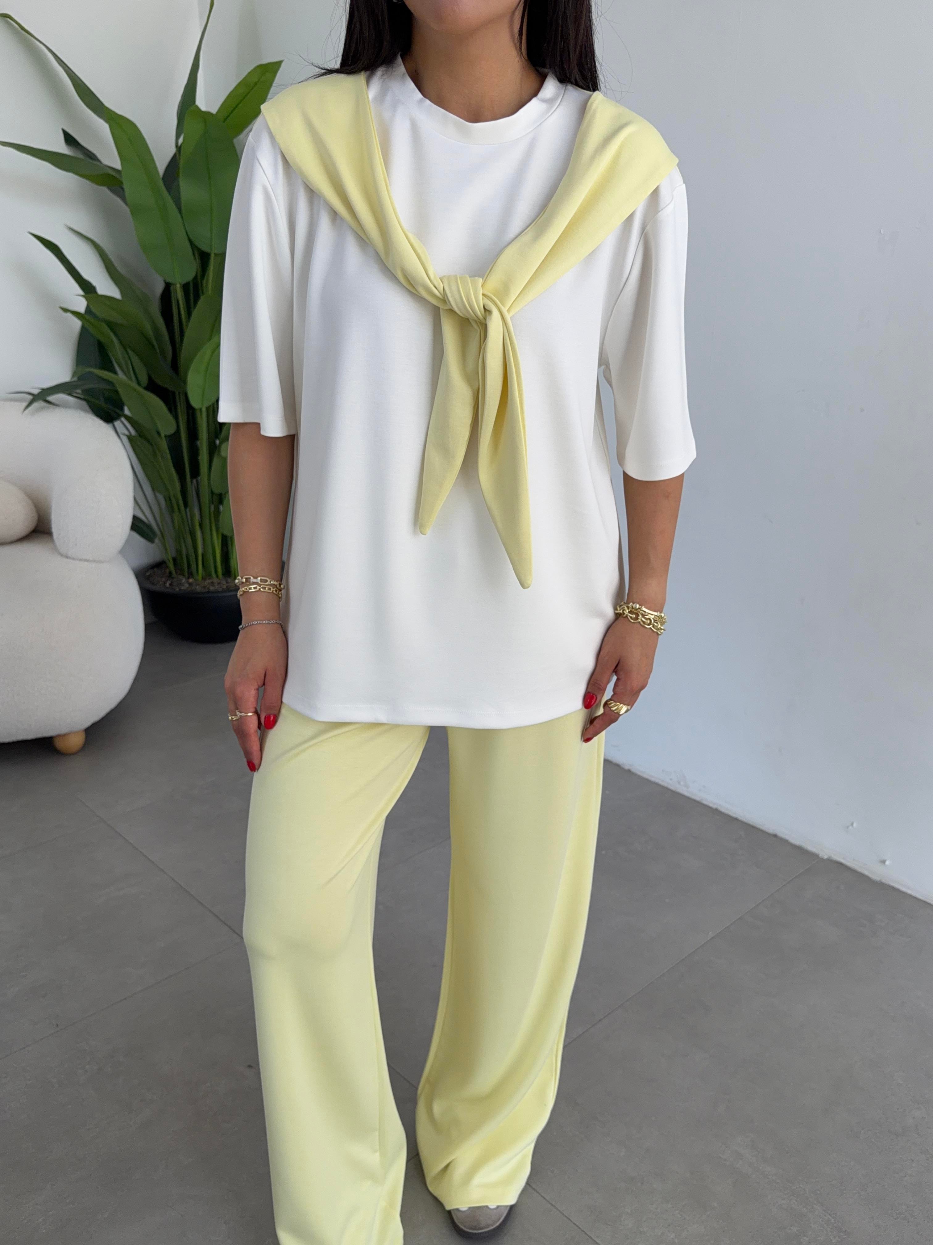 Sarı Oys Modal Atkılı Tshirt Pantolon Takım