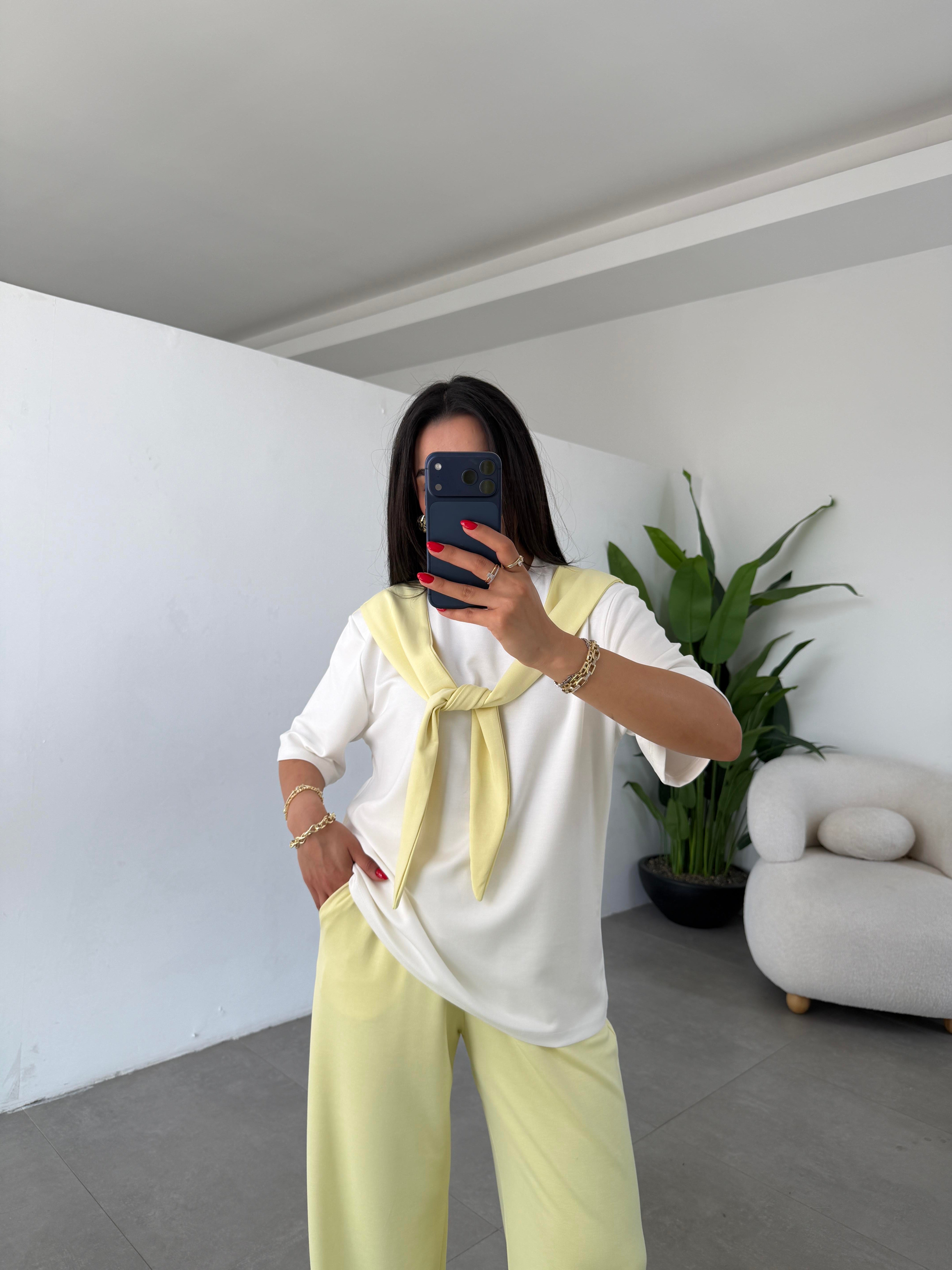 Sarı Oys Modal Atkılı Tshirt Pantolon Takım