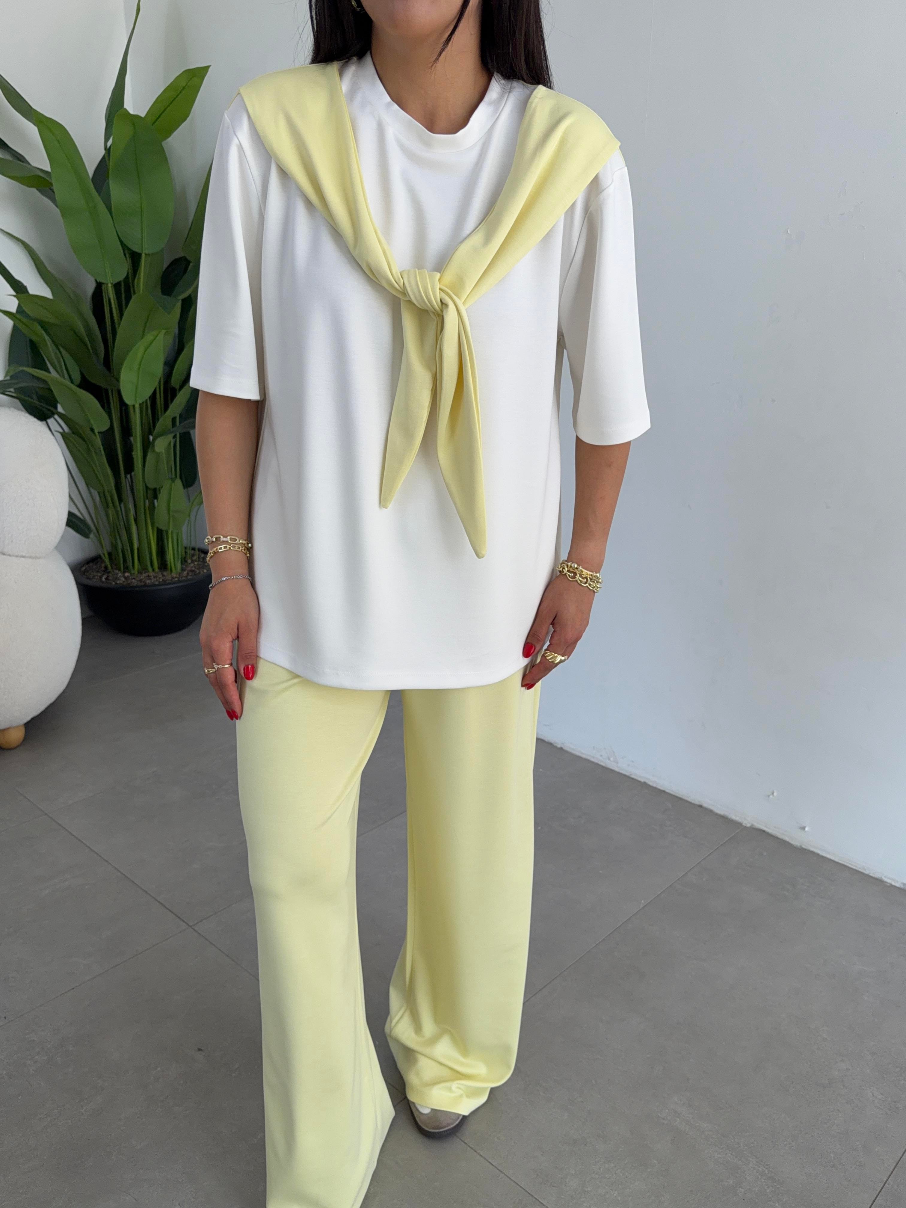 Sarı Oys Modal Atkılı Tshirt Pantolon Takım