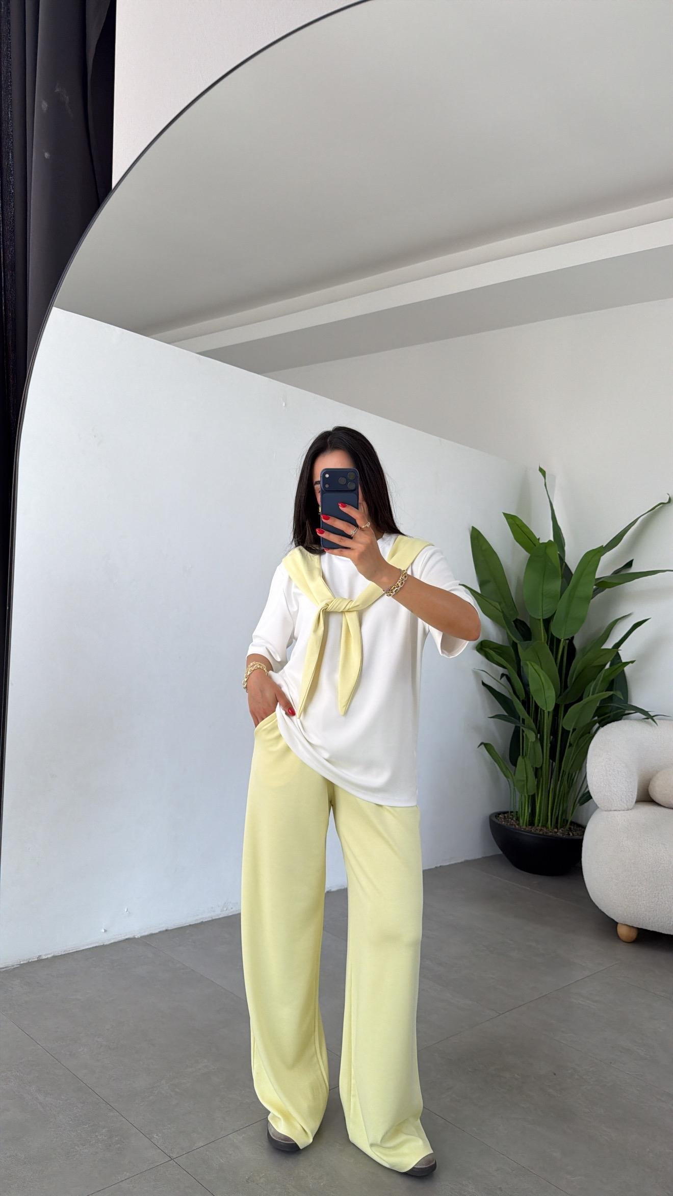 Sarı Oys Modal Atkılı Tshirt Pantolon Takım