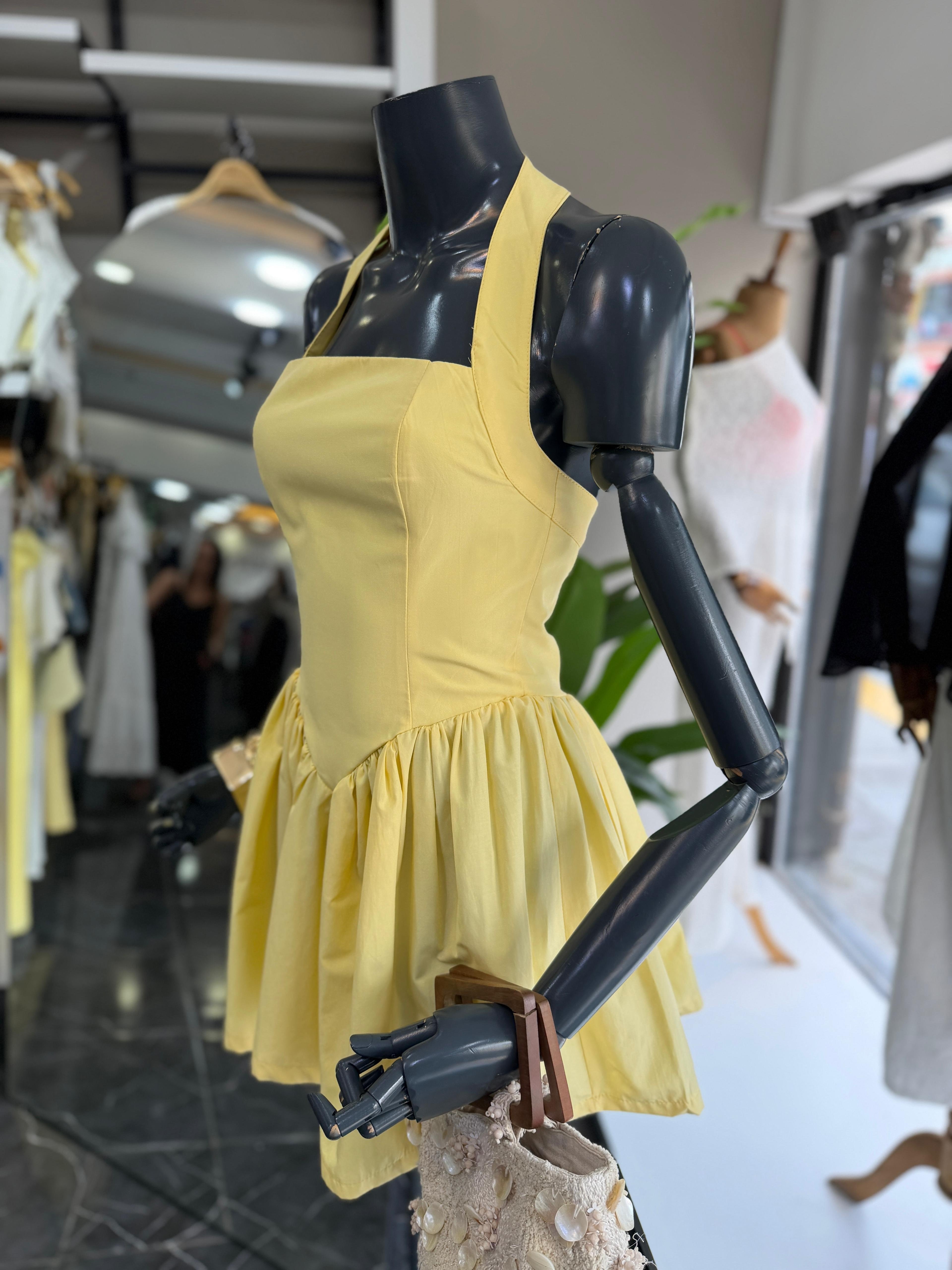 Sarı Poplin Kumaş Halter Yaka Elbise