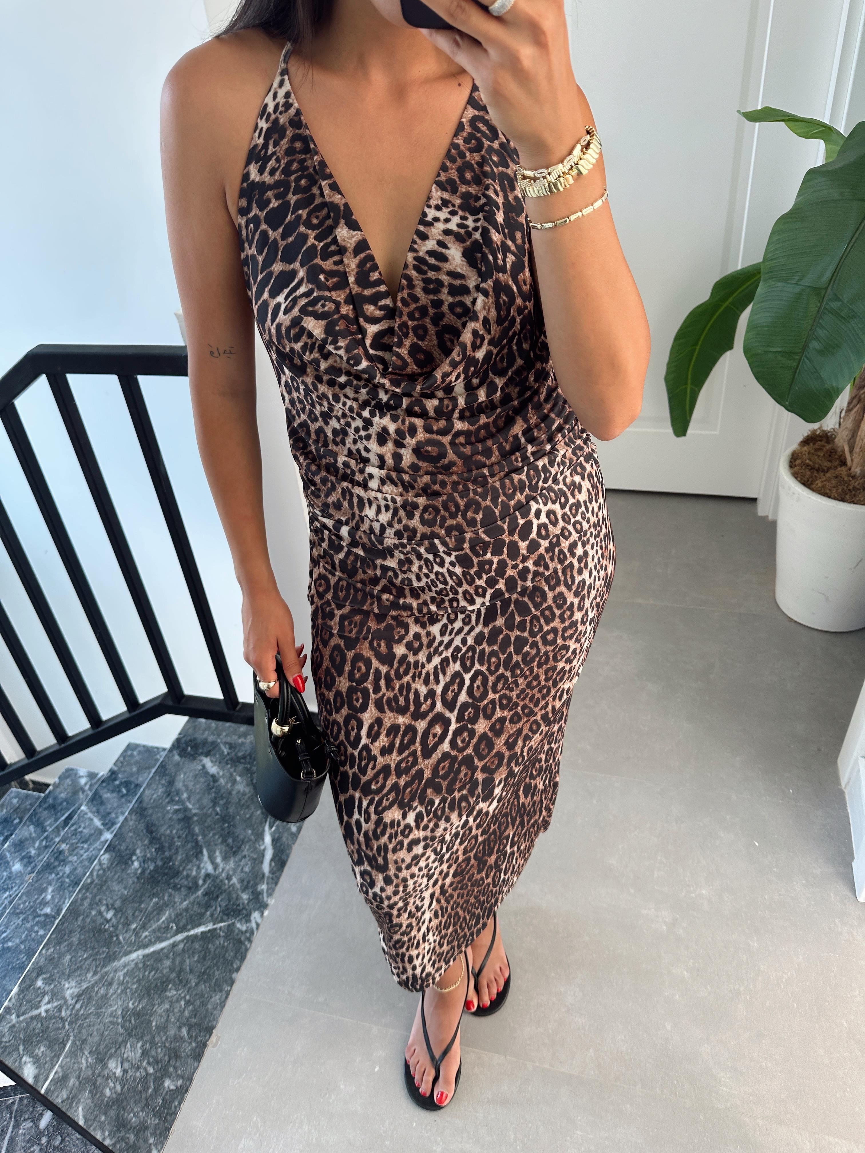 Sırt Dekolteli Leopar Elbise