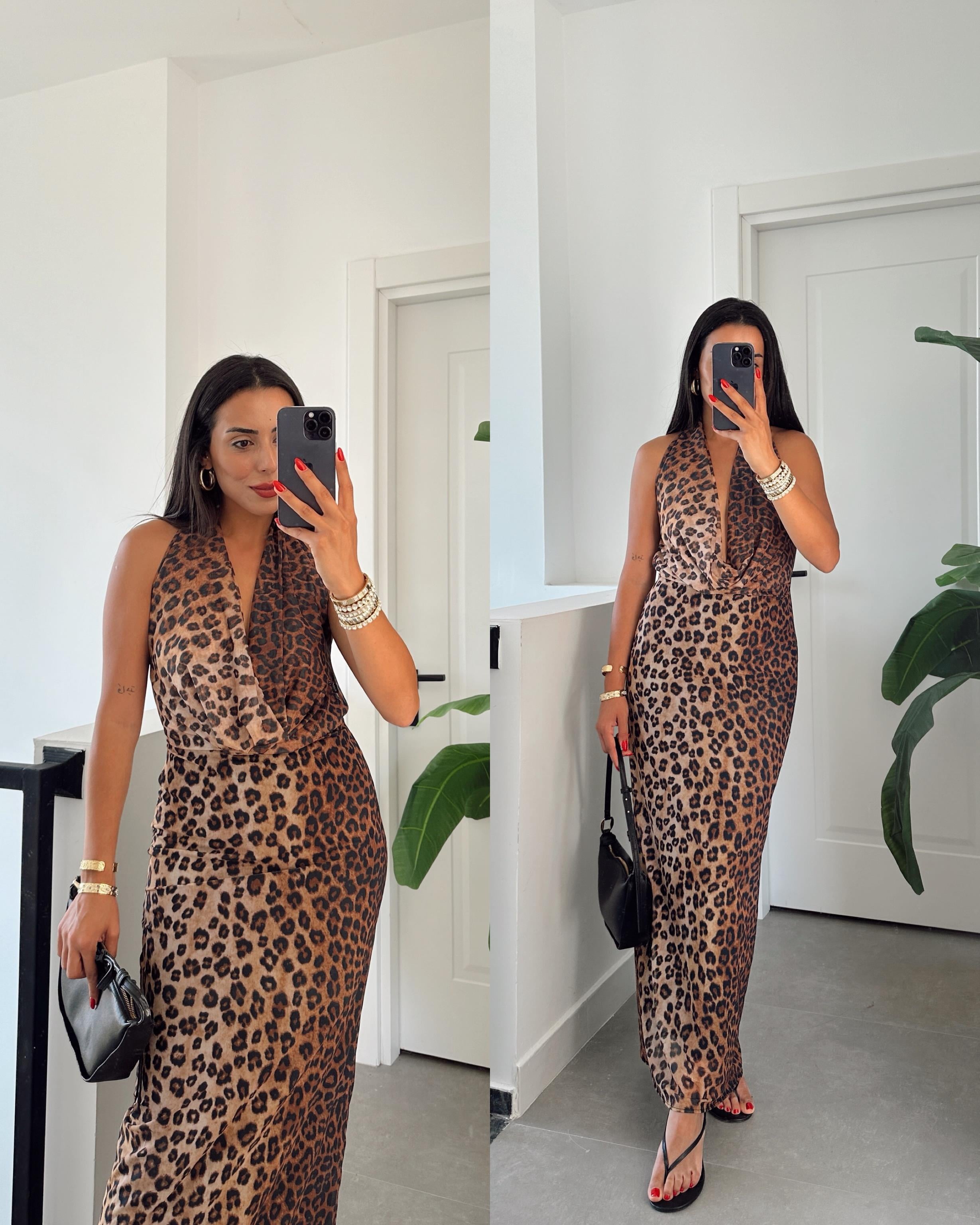 Sırt Dekolteli Leopar Elbise