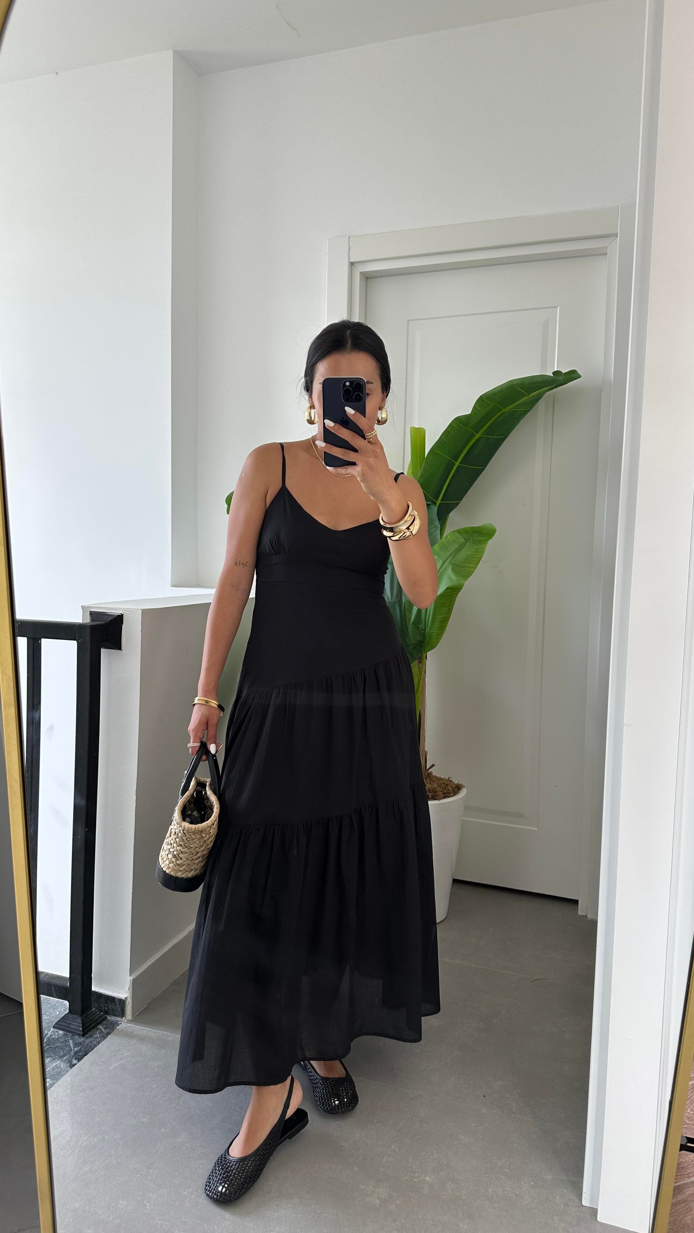 Siyah Asimetrik Gipeli Elbise