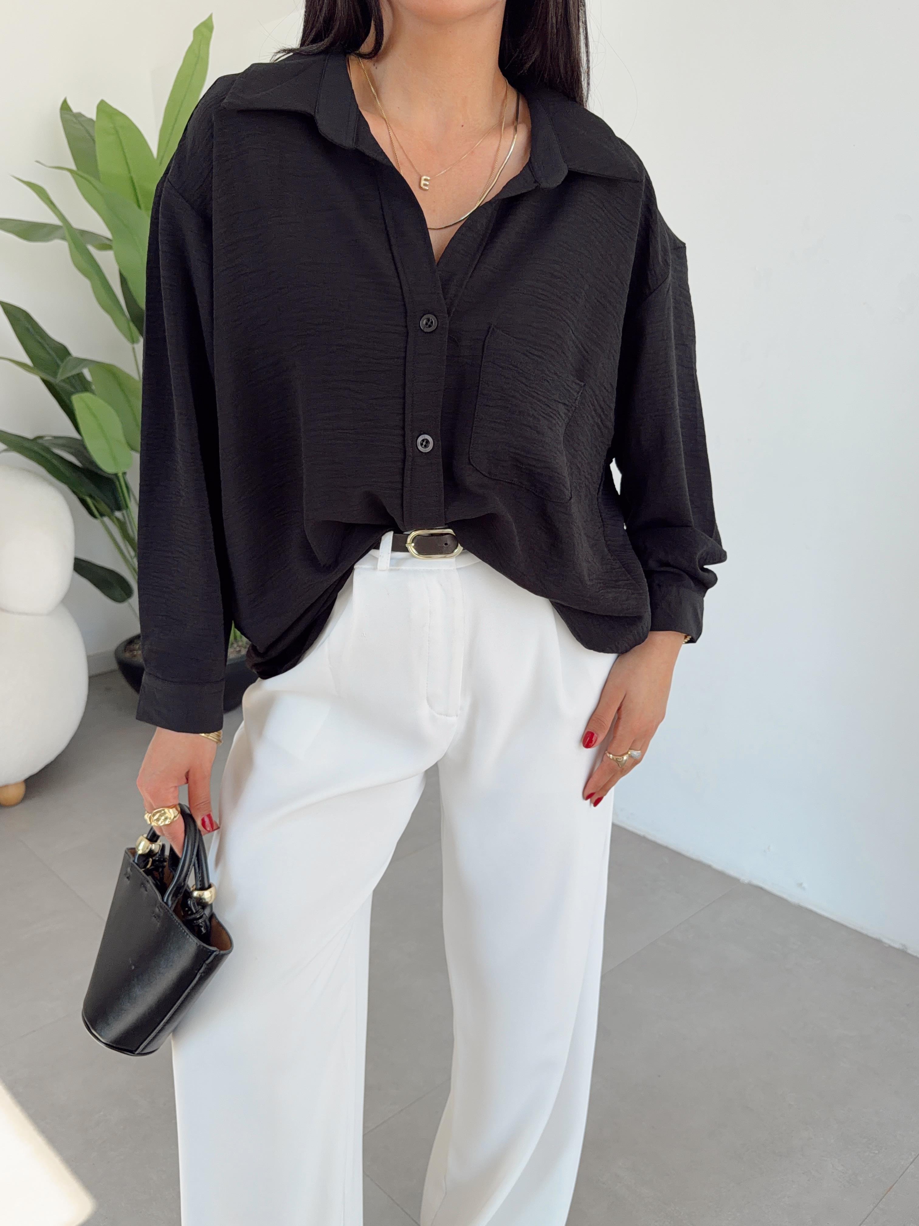 Siyah Ayrobin Cepli Oversize Gömlek