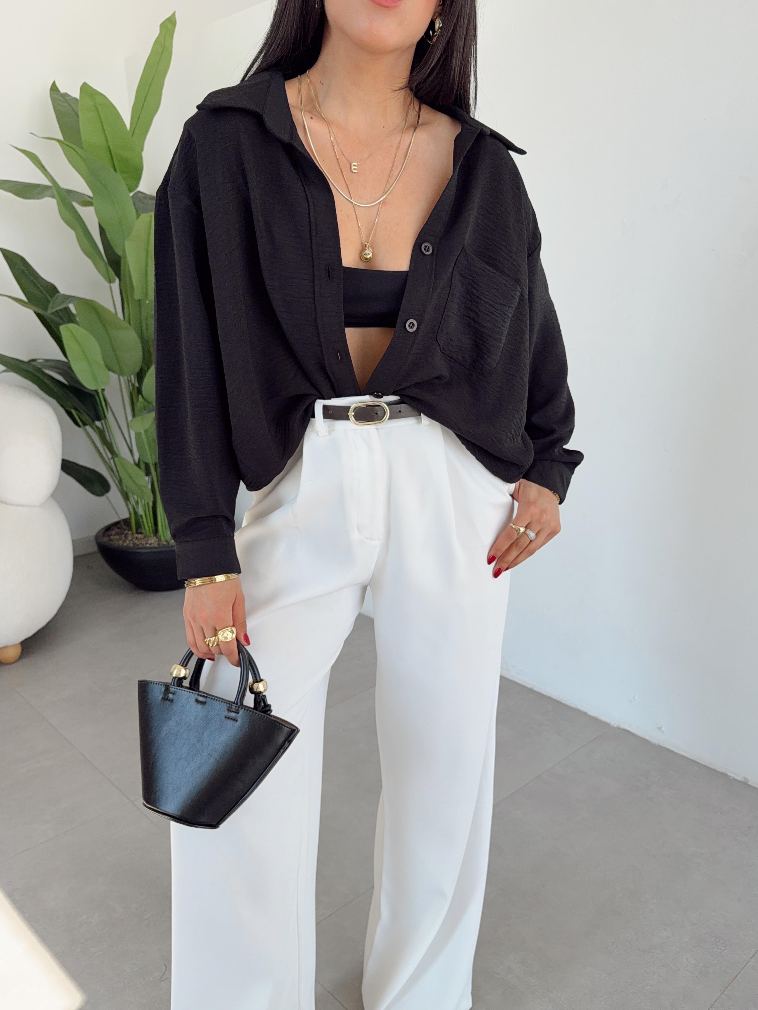Siyah Ayrobin Cepli Oversize Gömlek