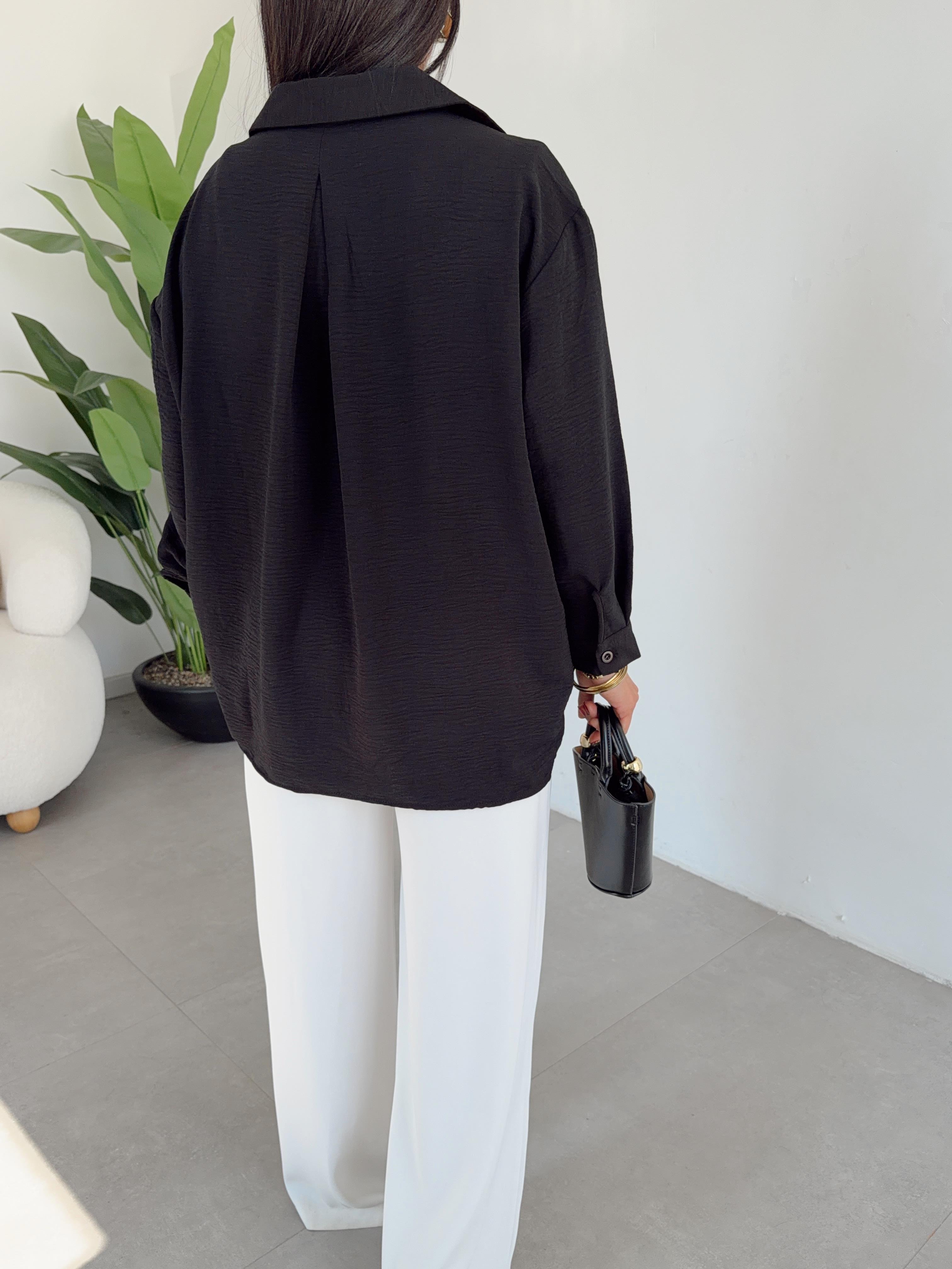 Siyah Ayrobin Cepli Oversize Gömlek