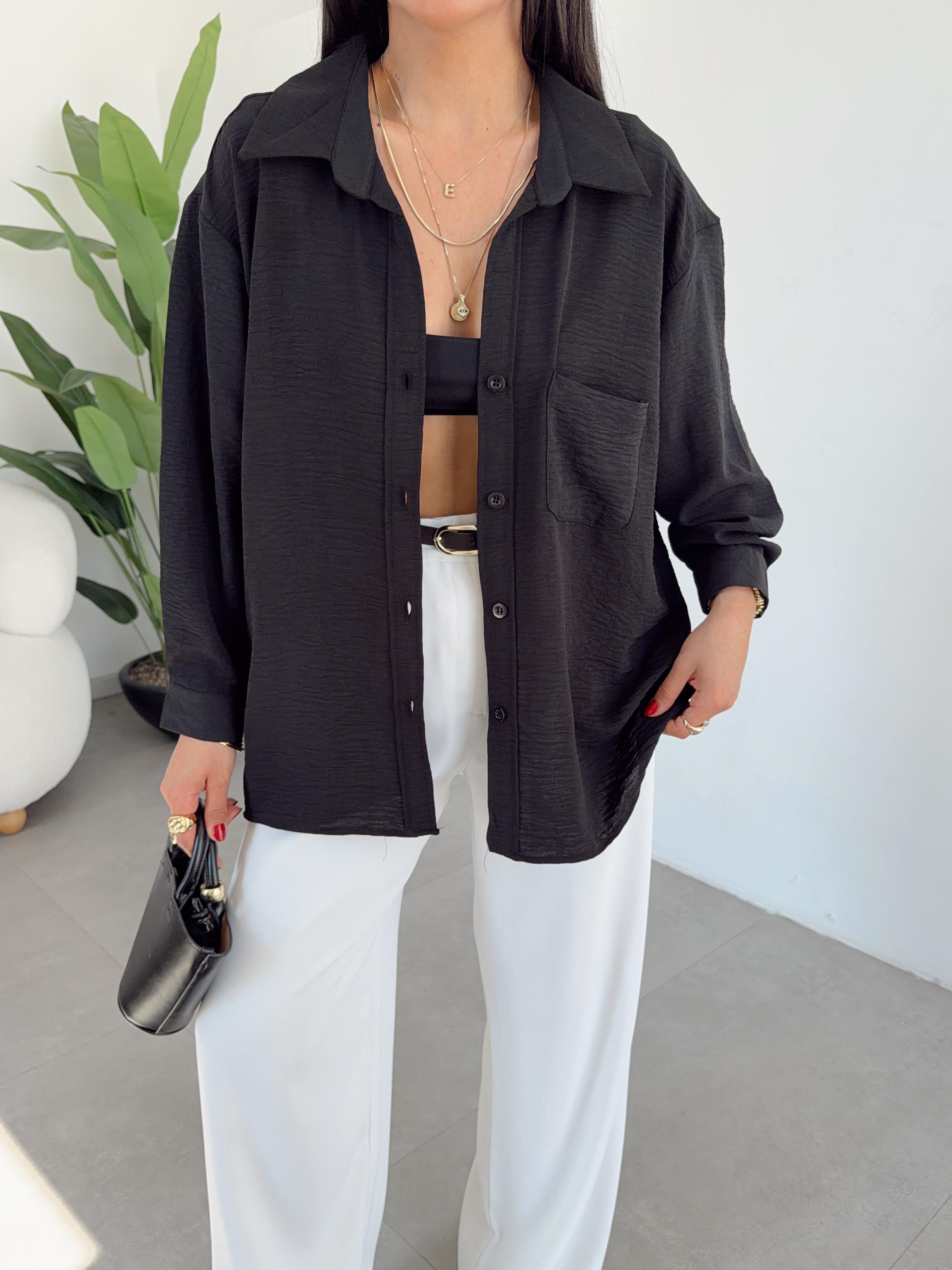 Siyah Ayrobin Cepli Oversize Gömlek