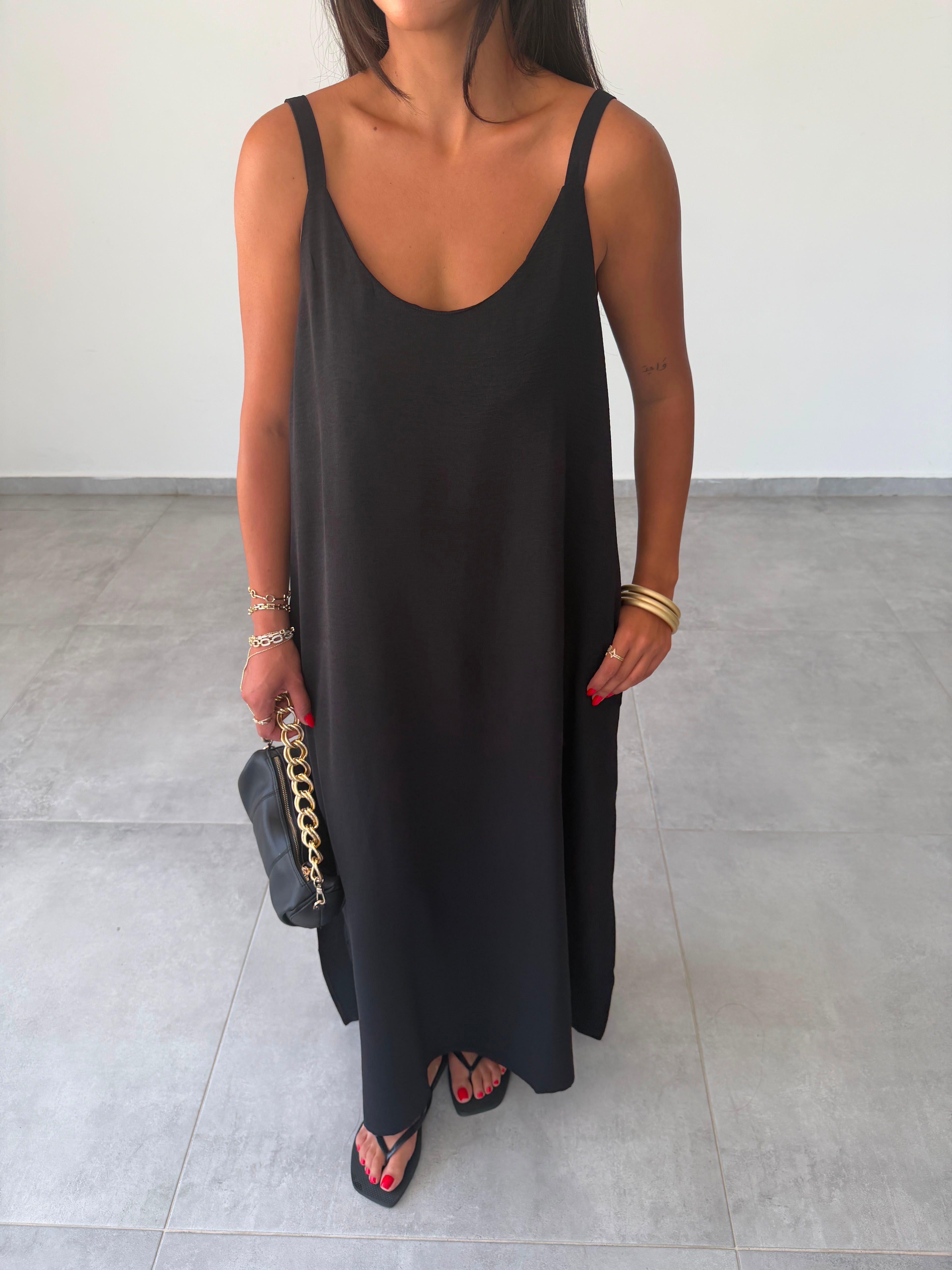 Siyah Ayrobin Maxi Boy Tela Askılı Elbise