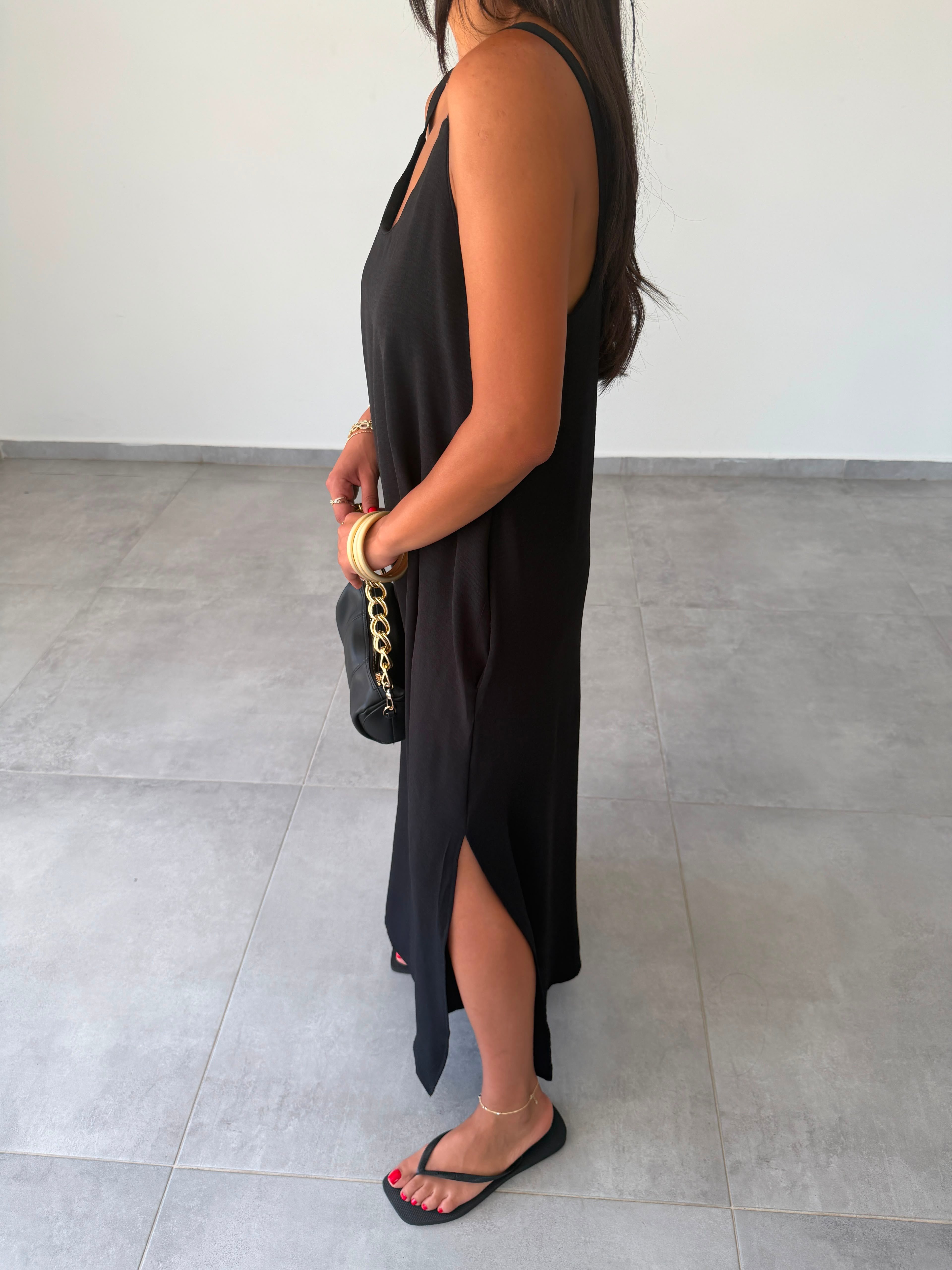 Siyah Ayrobin Maxi Boy Tela Askılı Elbise