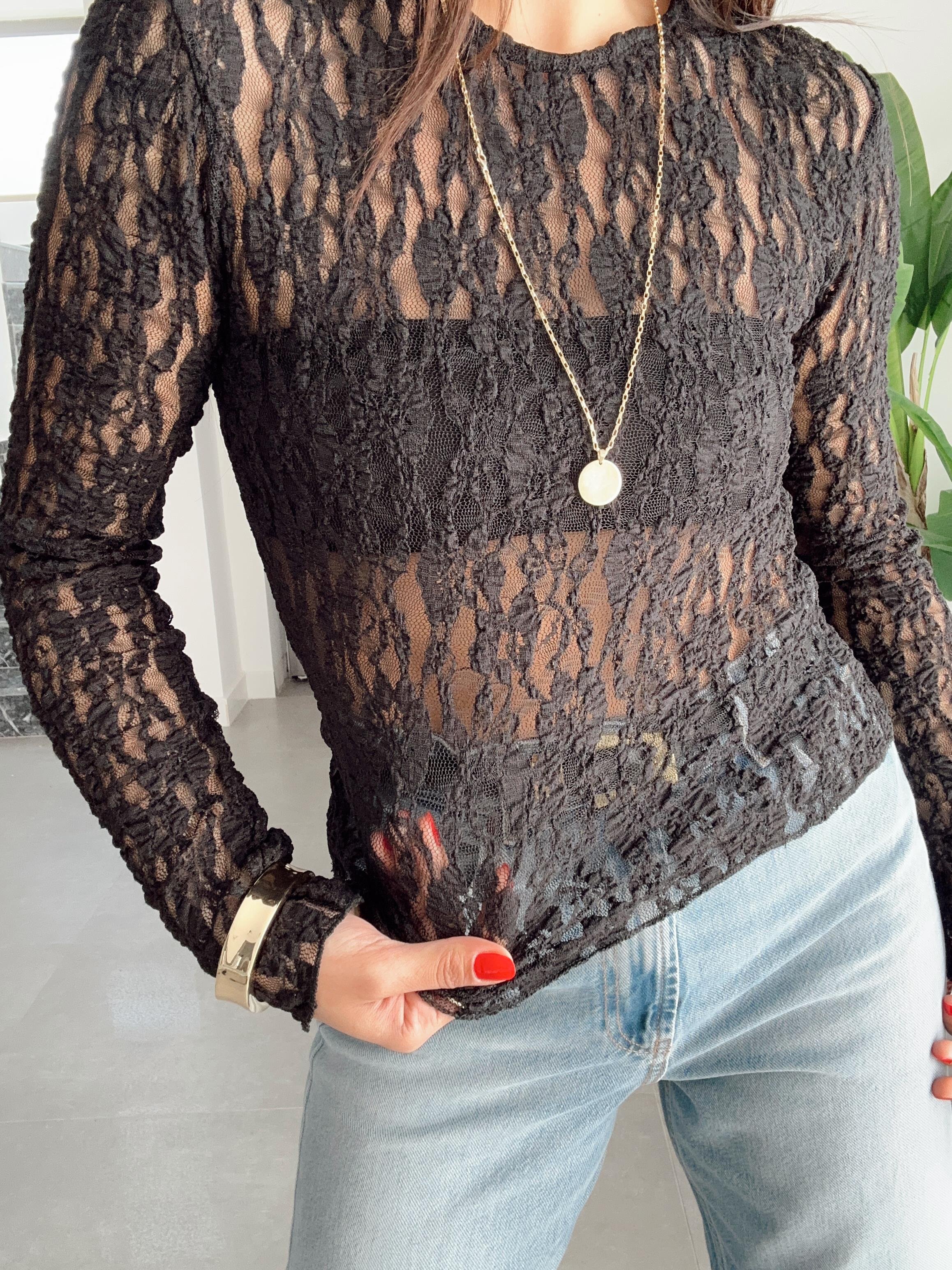 Siyah Dantelli Transparan Bluz