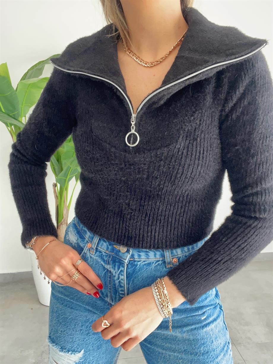 Siyah  Fermuarlı Ftilli Triko