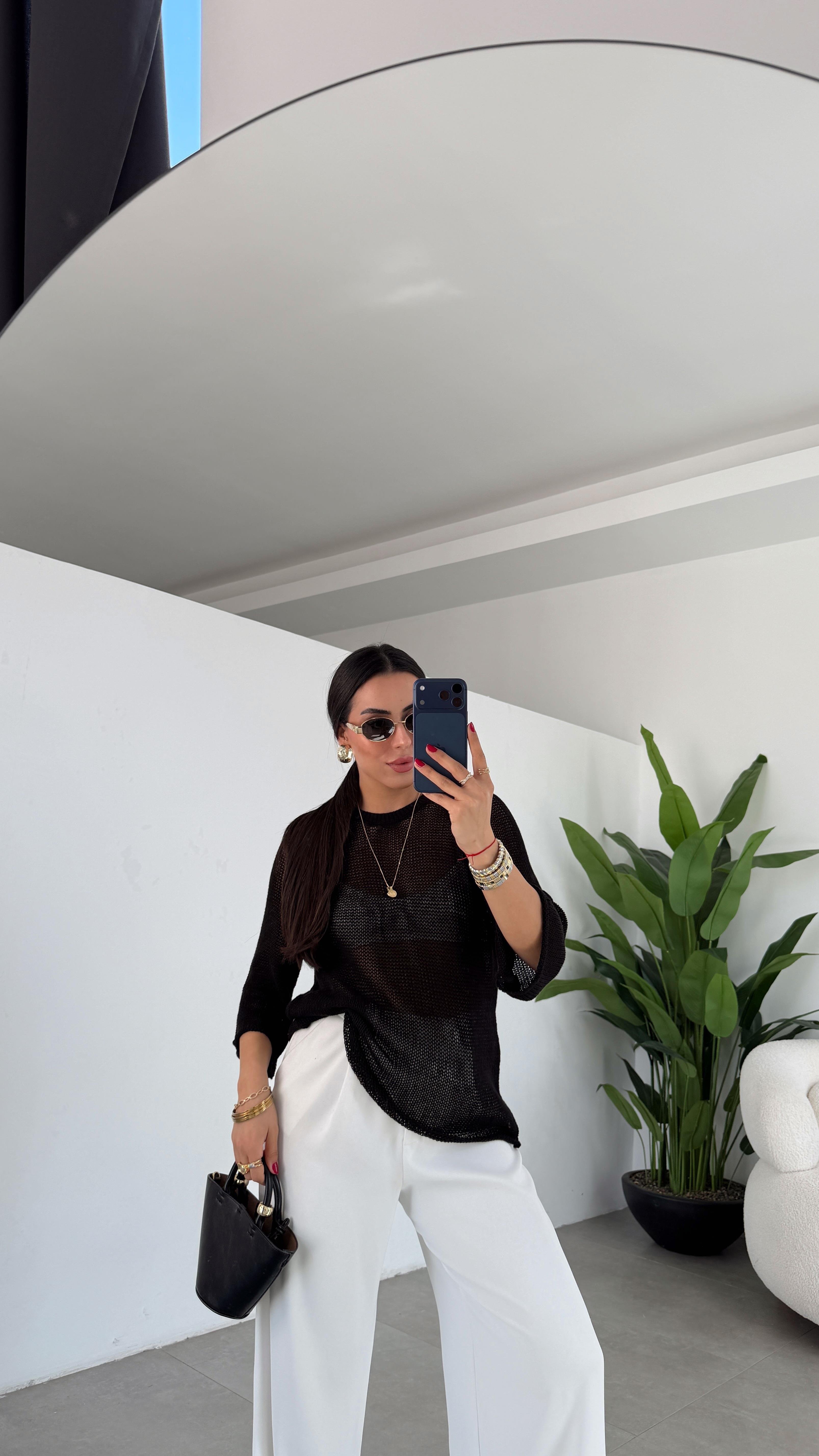 Siyah File Örgü Oversize Triko Bluz