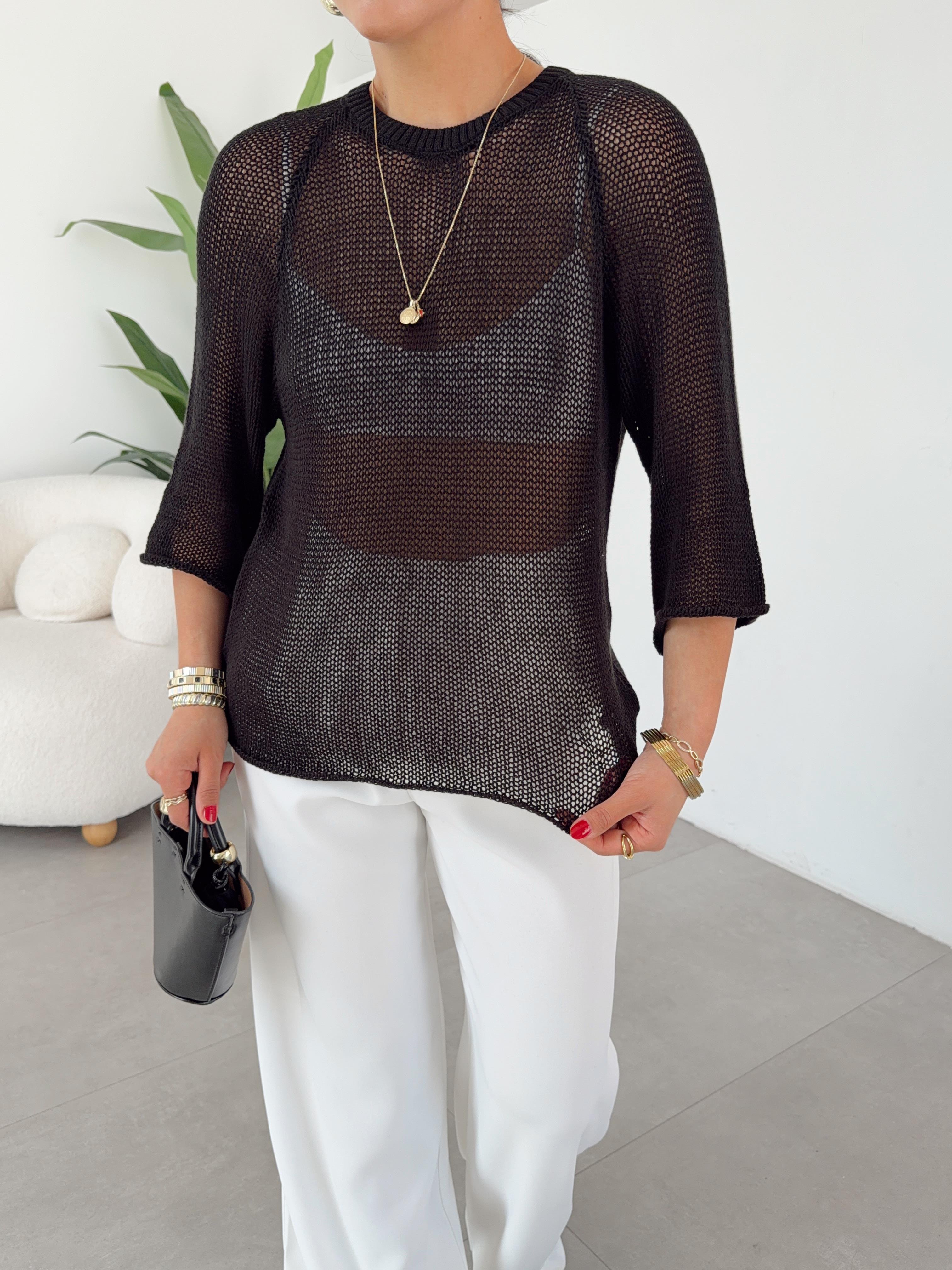 Siyah File Örgü Oversize Triko Bluz