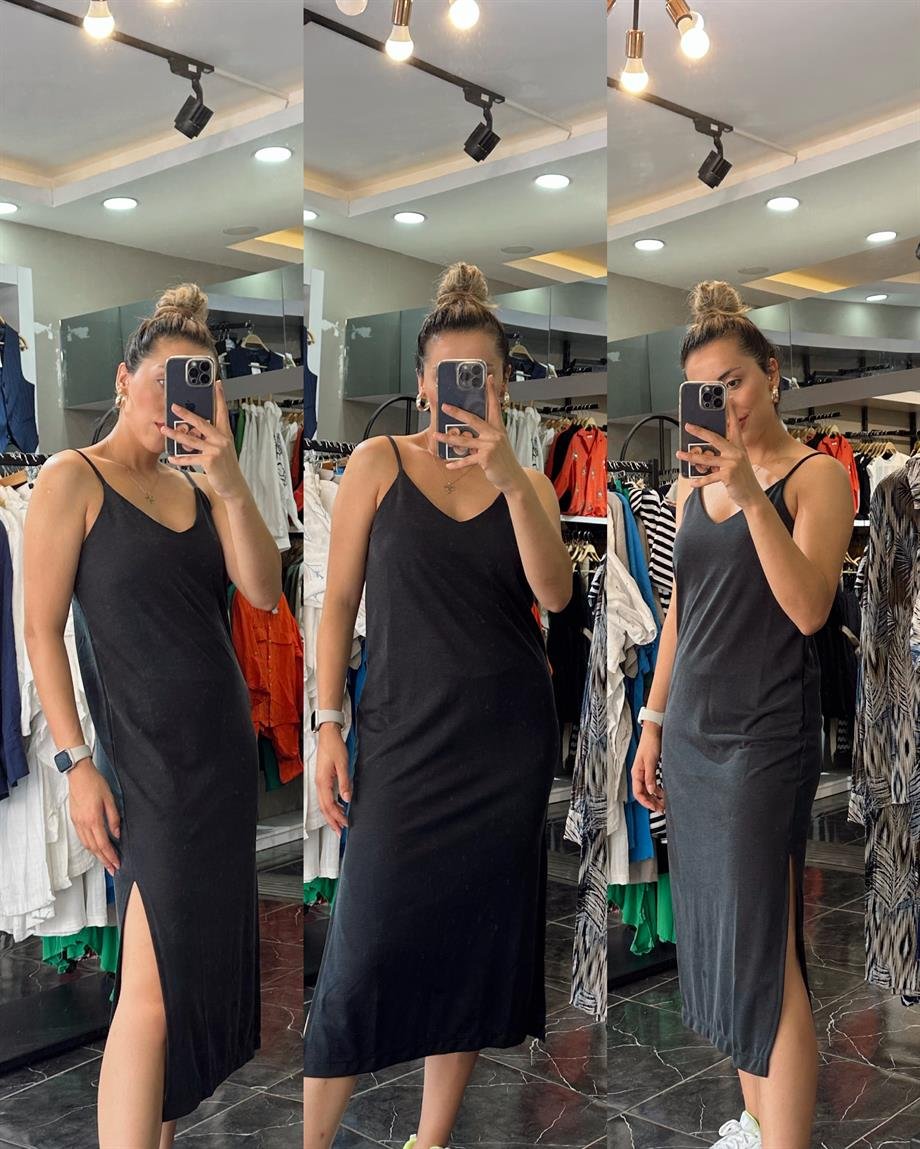 Siyah İp Askılı Petek Elbise