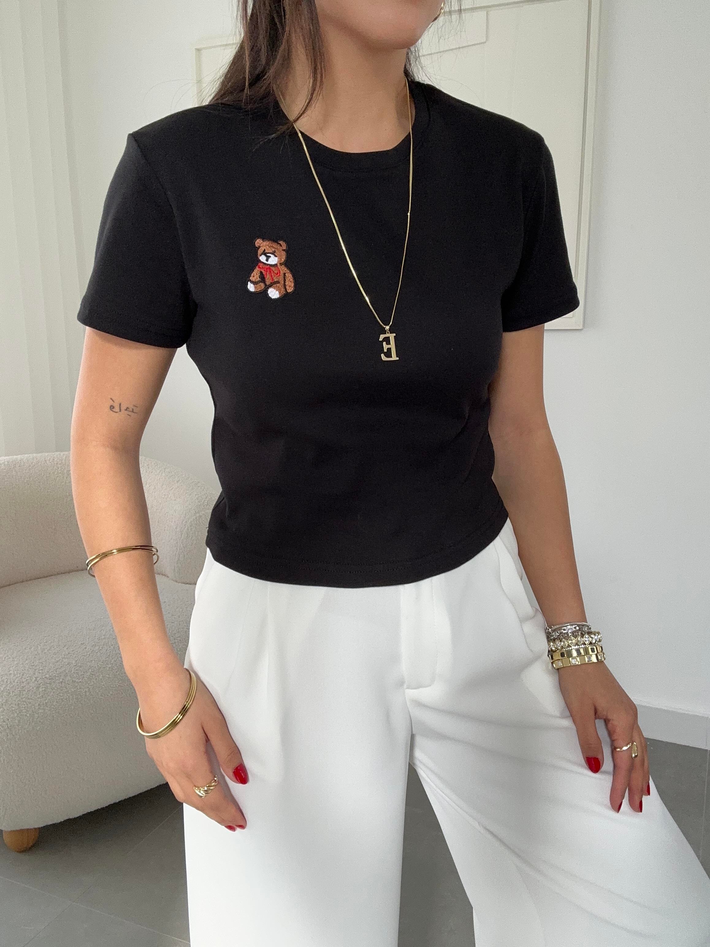 Siyah Küçük Tedy Nakışlı Tshirt