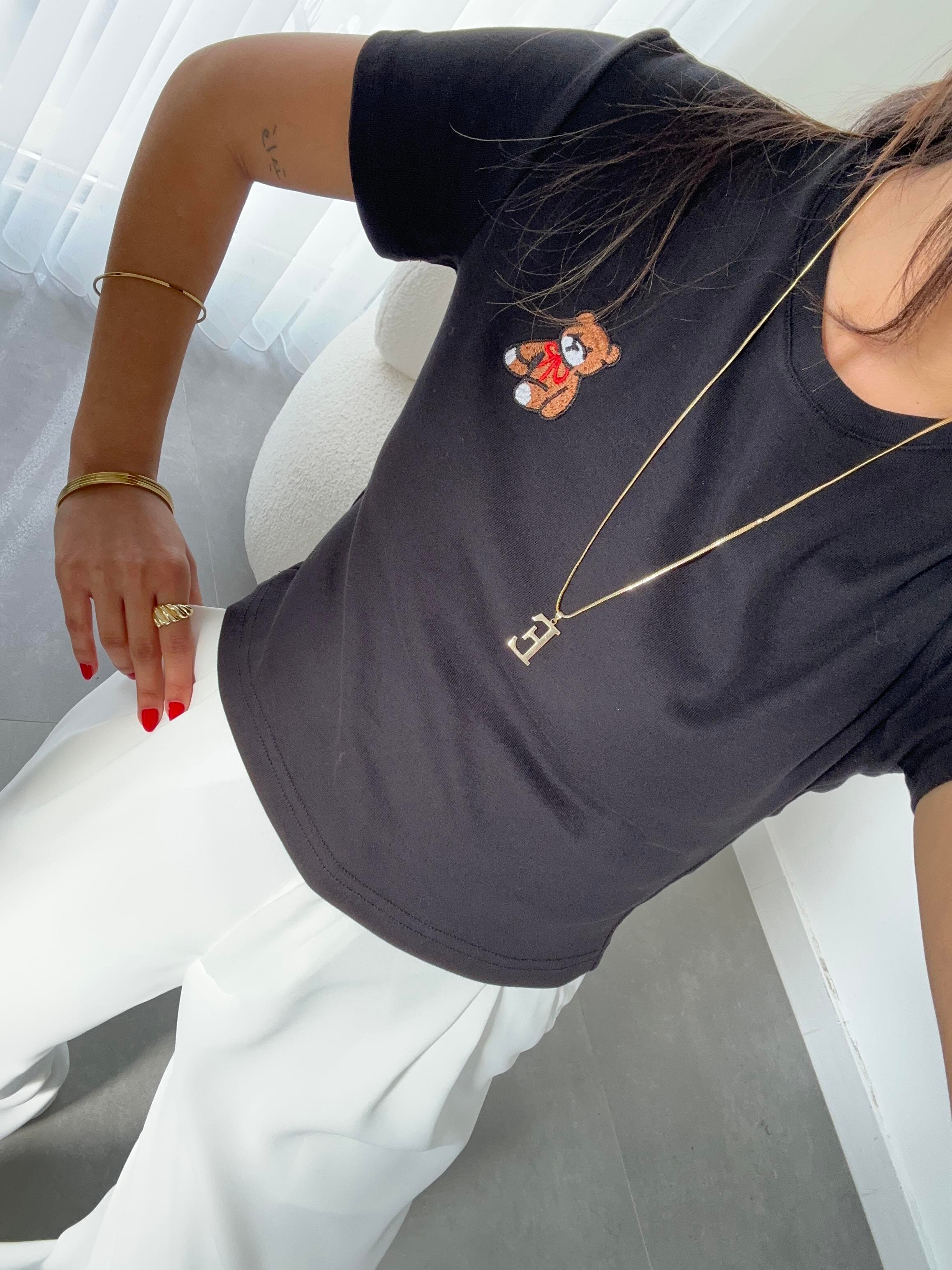 Siyah Küçük Tedy Nakışlı Tshirt