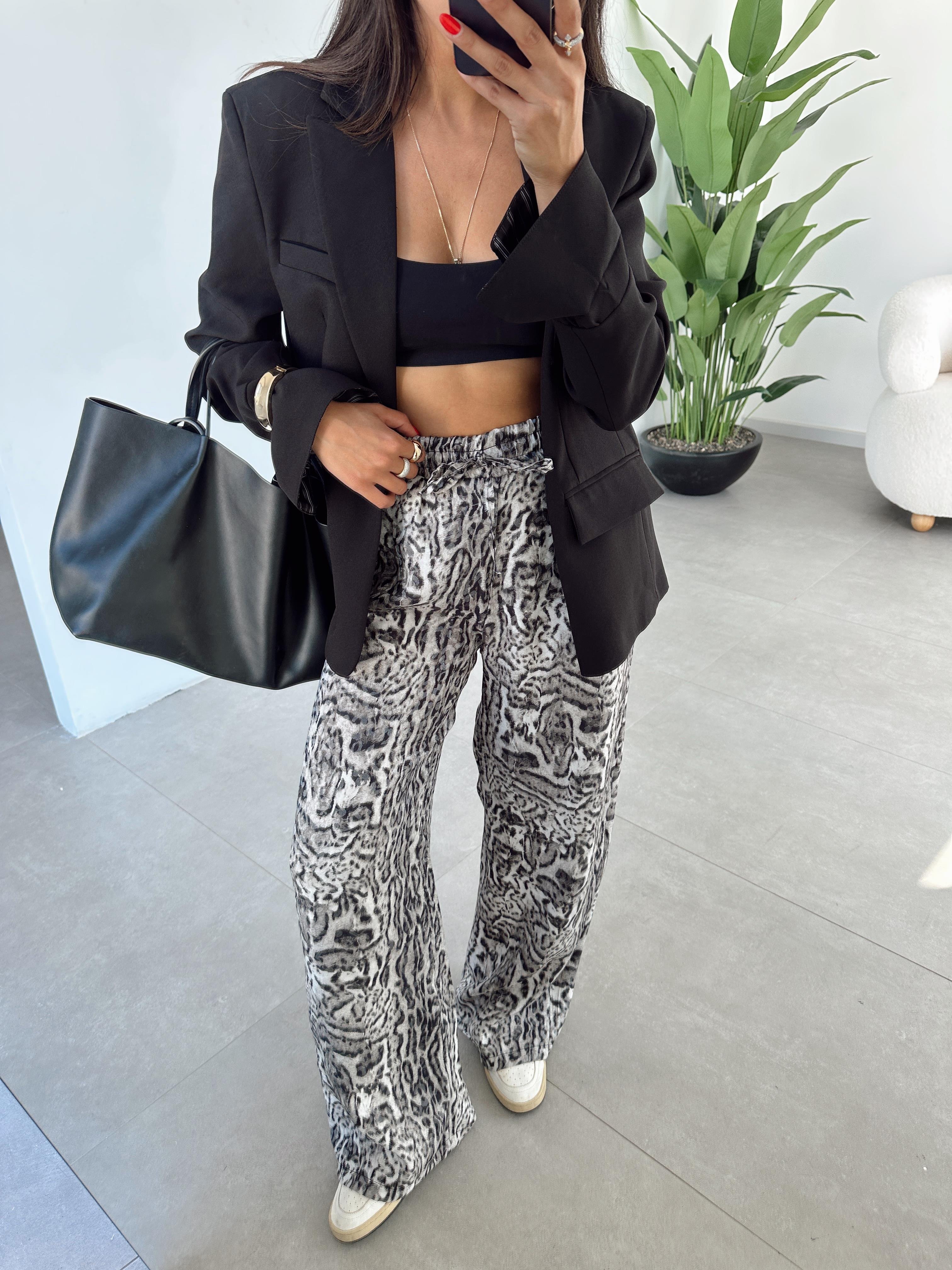 Siyah Leopar Bol Paça Pantolon