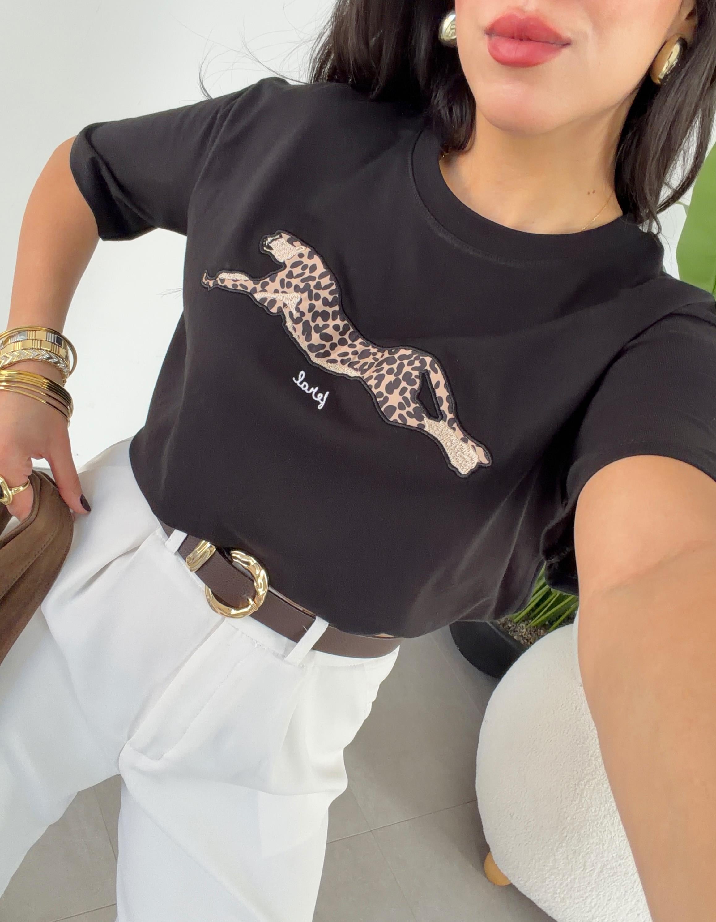 Siyah Leopar Desenli Oversize Tshirt