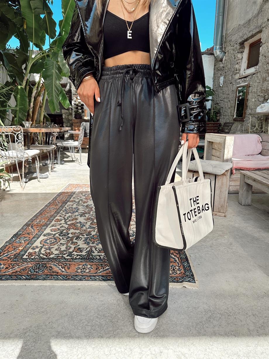 Siyah Örme Deri Pantolon