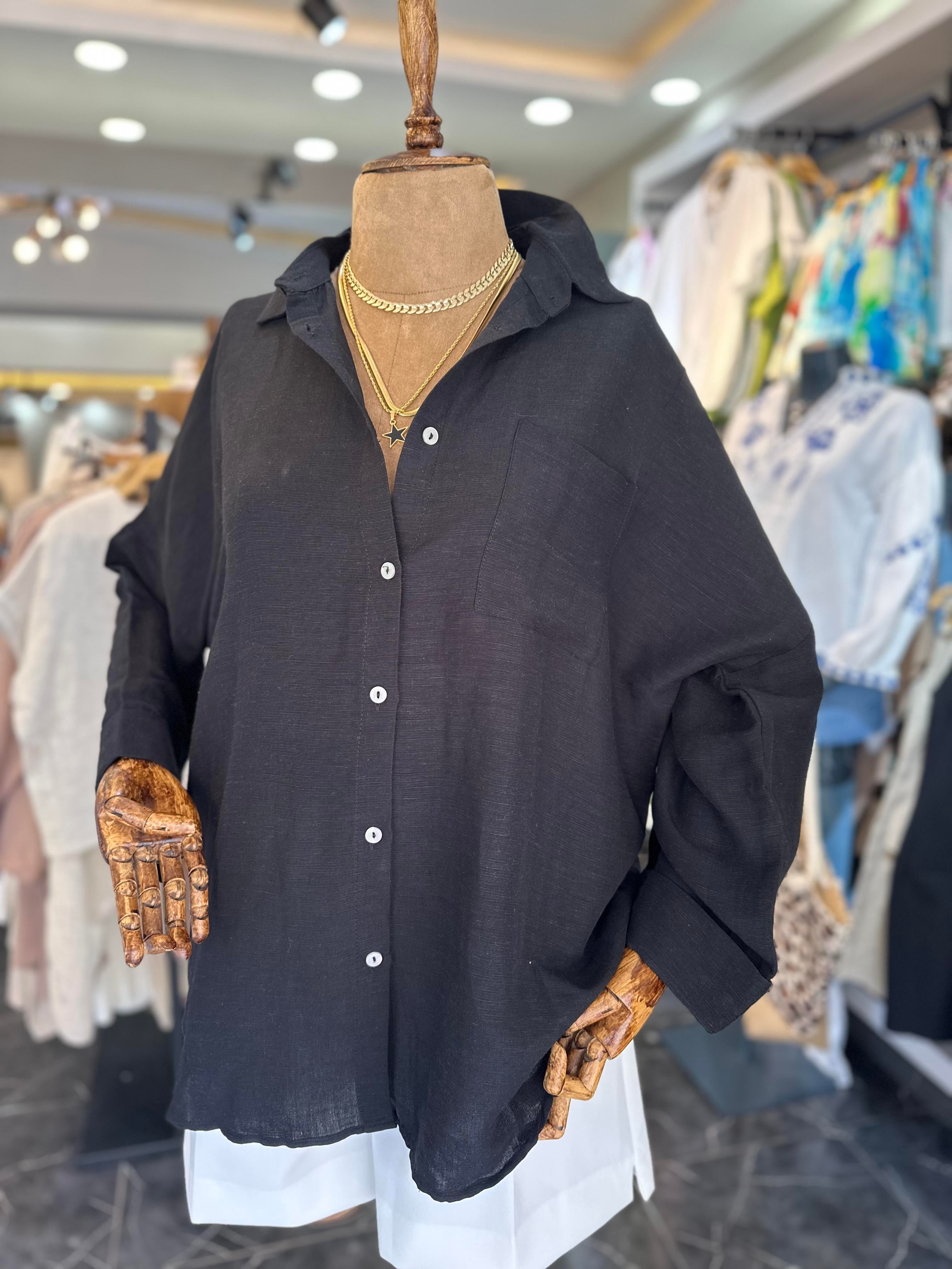 Siyah Oversize Keten Gömlek