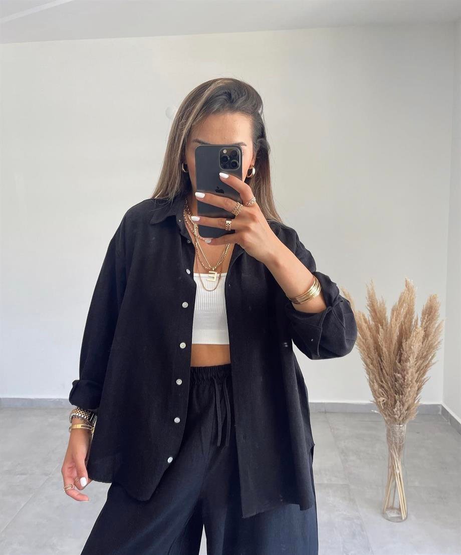 Siyah Oversize Keten Gömlek