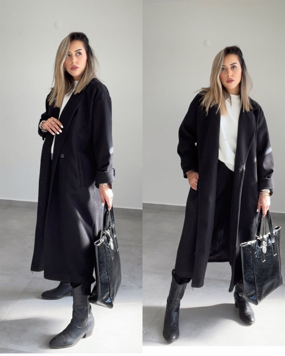 Siyah Oversize Kruvaze Kaban