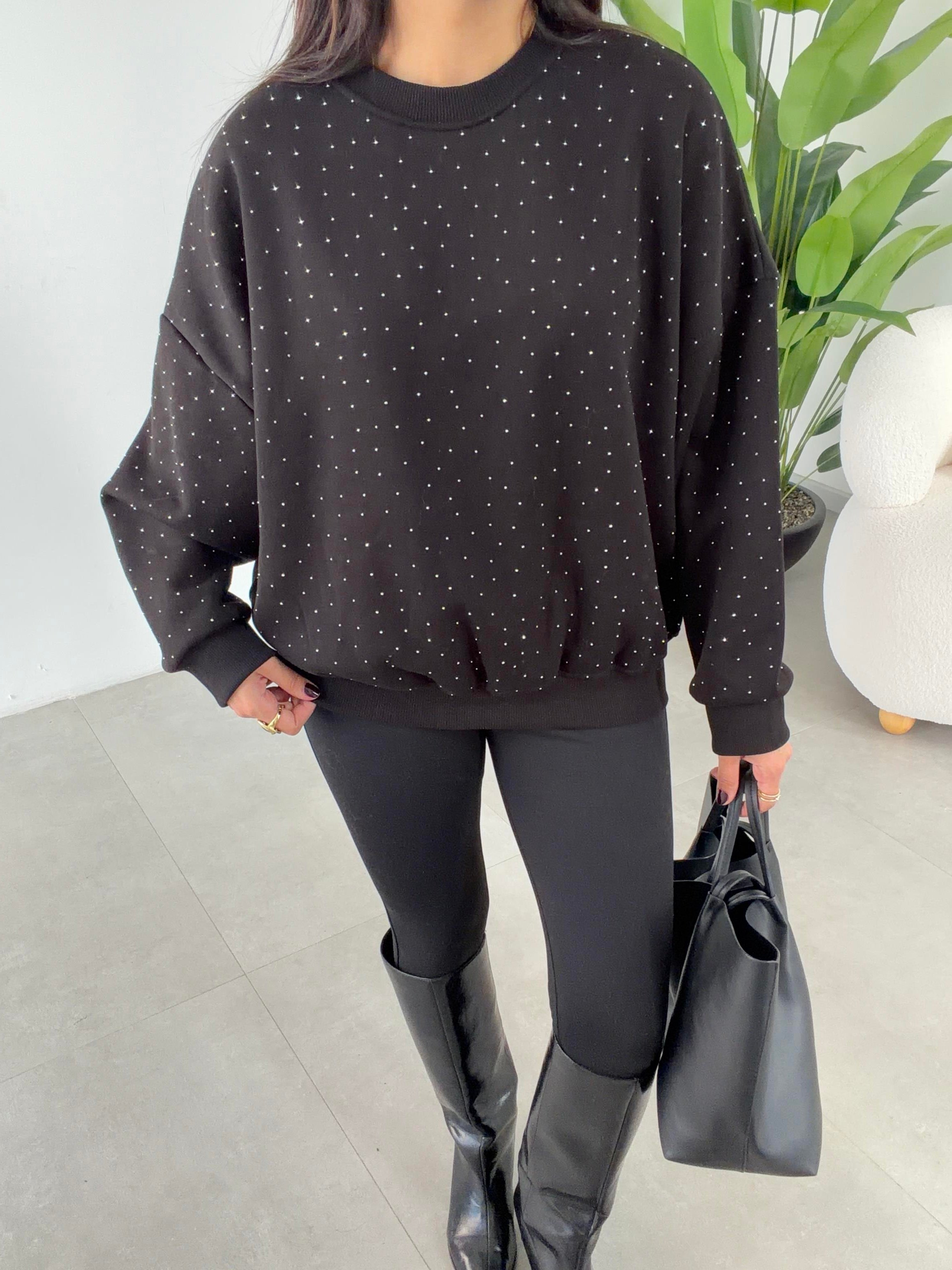 Siyah Oversize Taşlı Sweatshirt