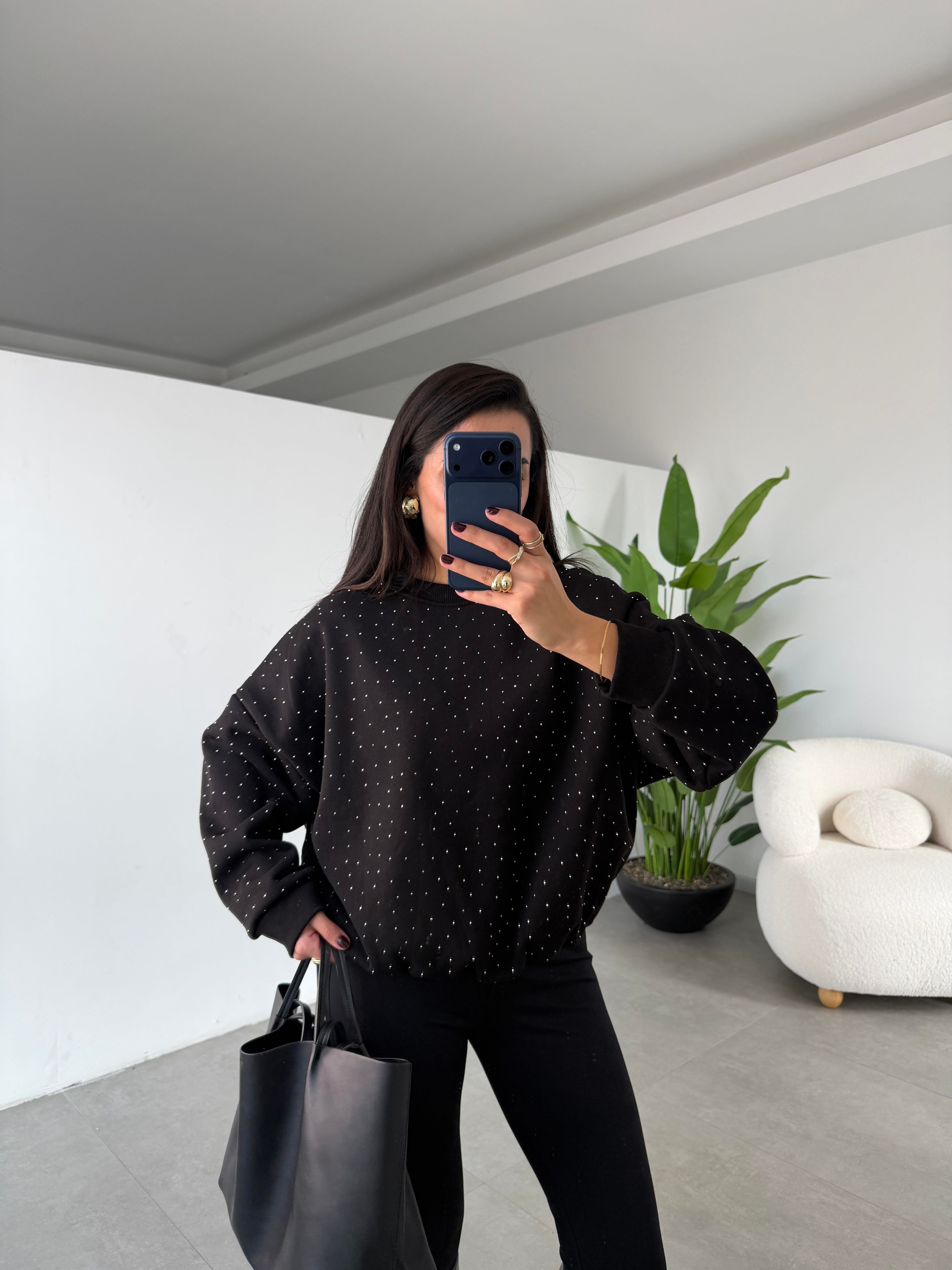 Siyah Oversize Taşlı Sweatshirt