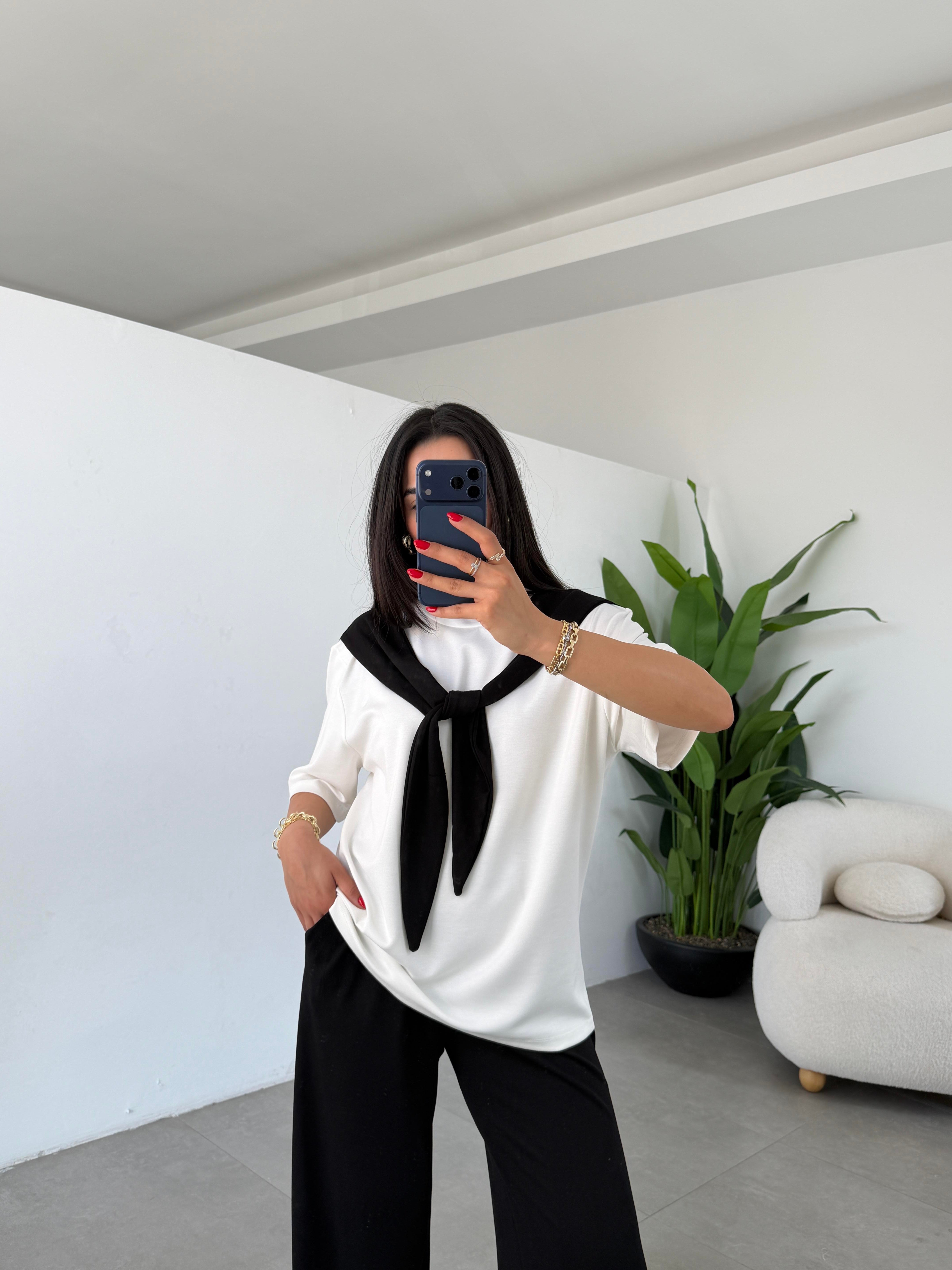 Siyah Oys Modal Atkılı Tshirt Pantolon Takım