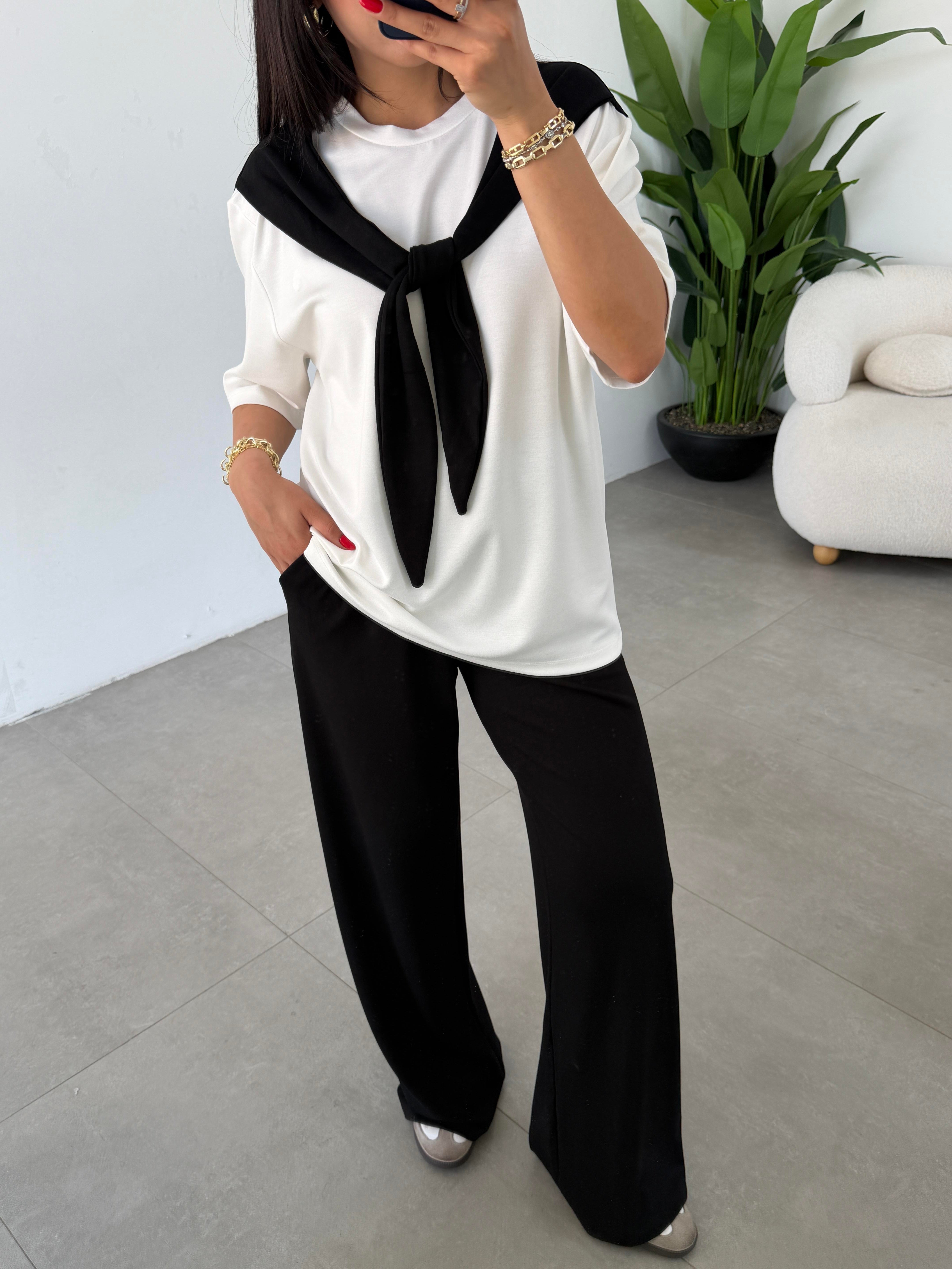 Siyah Oys Modal Atkılı Tshirt Pantolon Takım