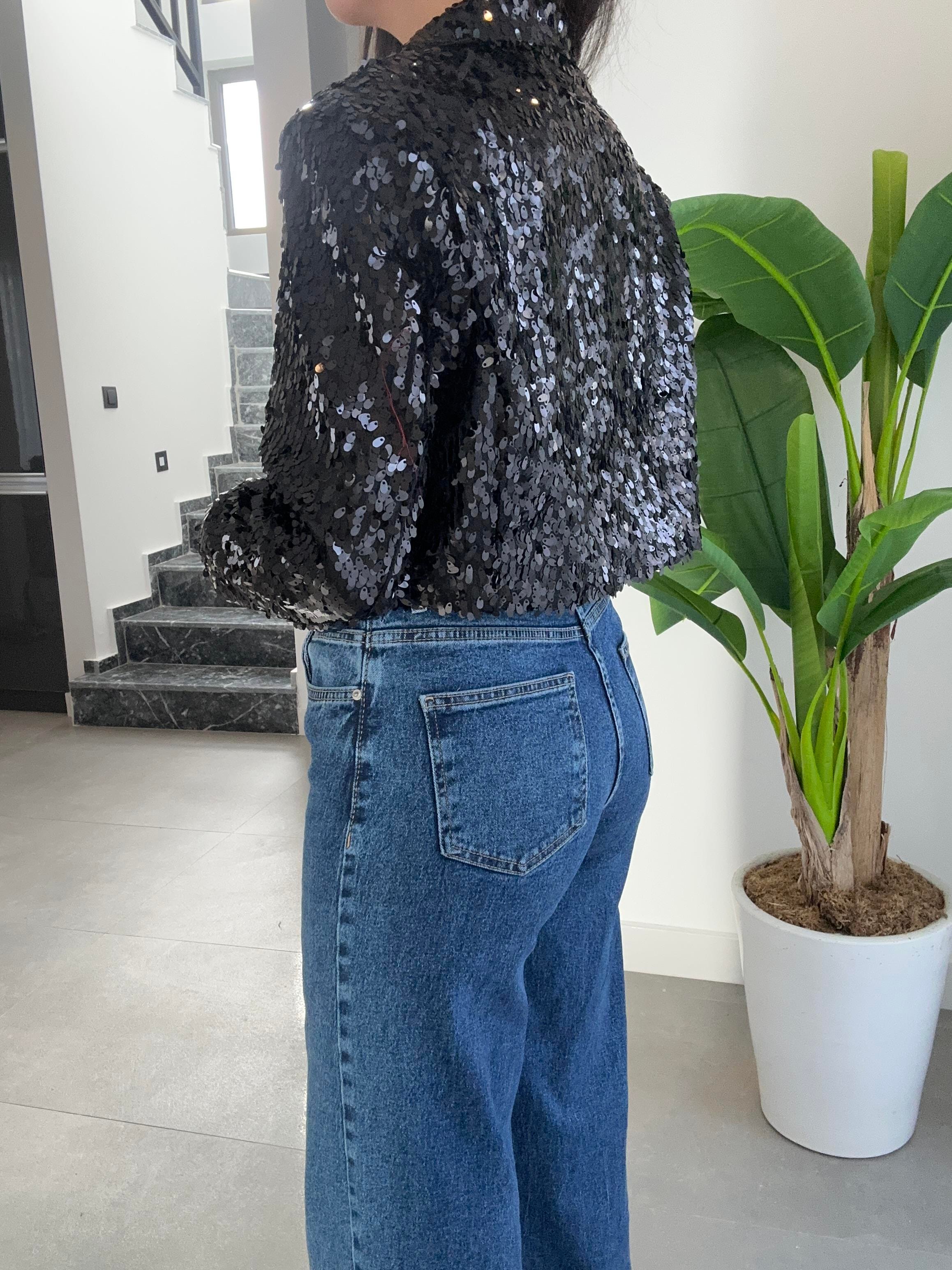 Siyah Payetli Kısa Blazer Ceket