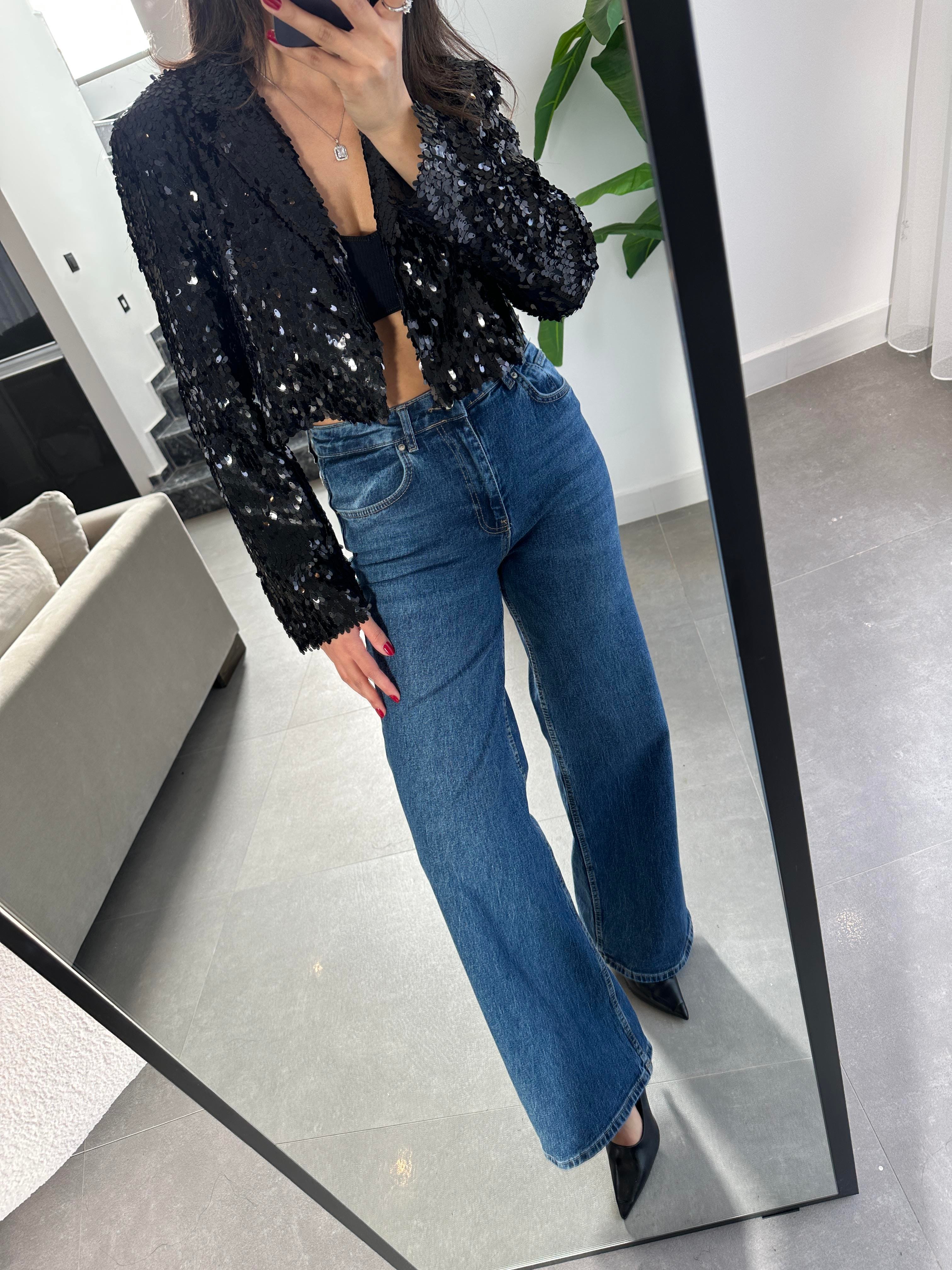 Siyah Payetli Kısa Blazer Ceket